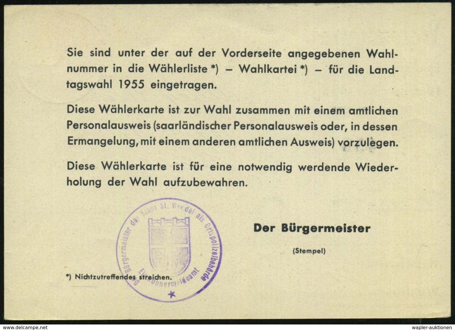 SAARLAND 1955 (25.11.) ROTER 2K-PFS: ST. WENDEL (SAAR)/ BEZAHLT Auf Wählerkarte Für Die Landtagswahl Am 18. Dez. 1955 ,  - Andere & Zonder Classificatie