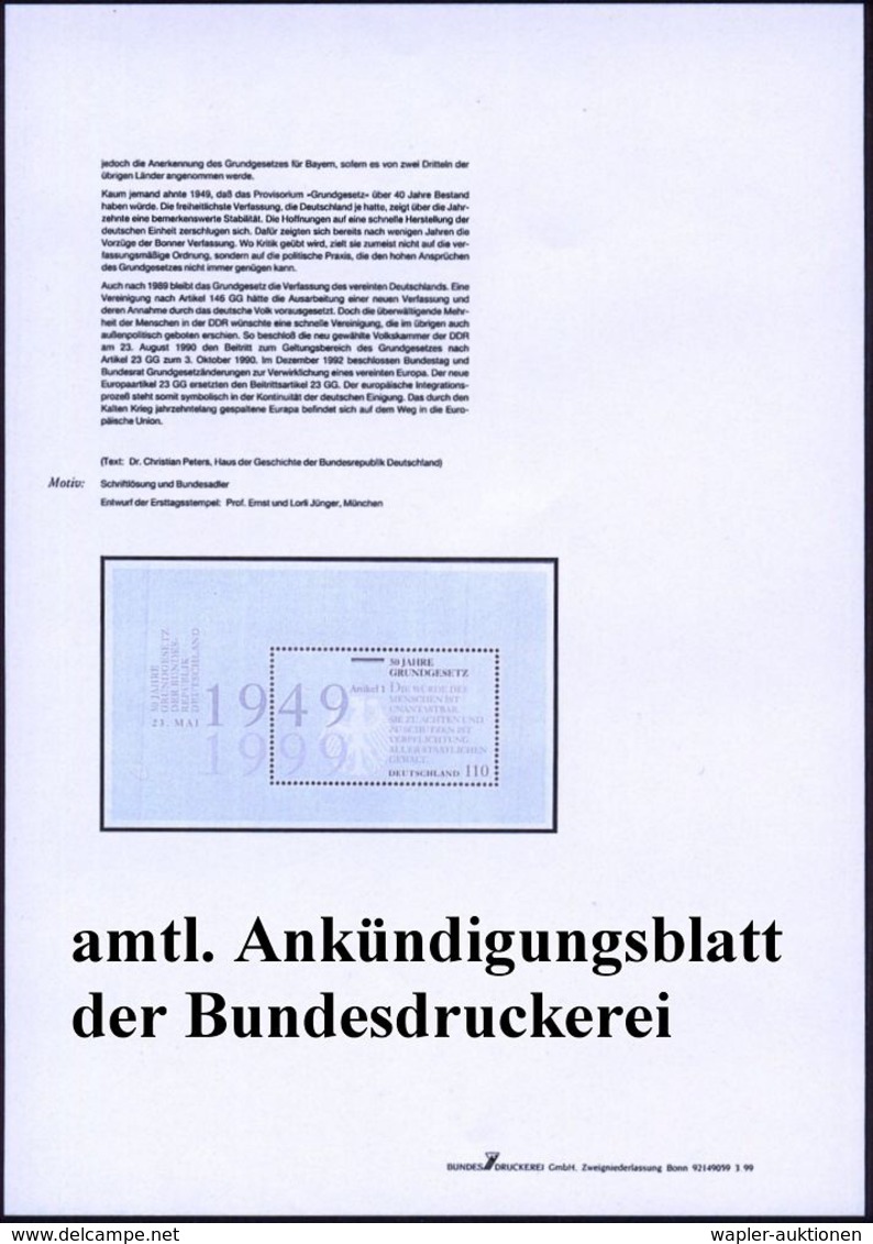 B.R.D. 1999 110 Pf. Block "50 Jahre Grundgesetz" + Amtl. Handstempel  "M U S T E R" , Postfr. + Amtl. Ankündigungsblatt  - Andere & Zonder Classificatie