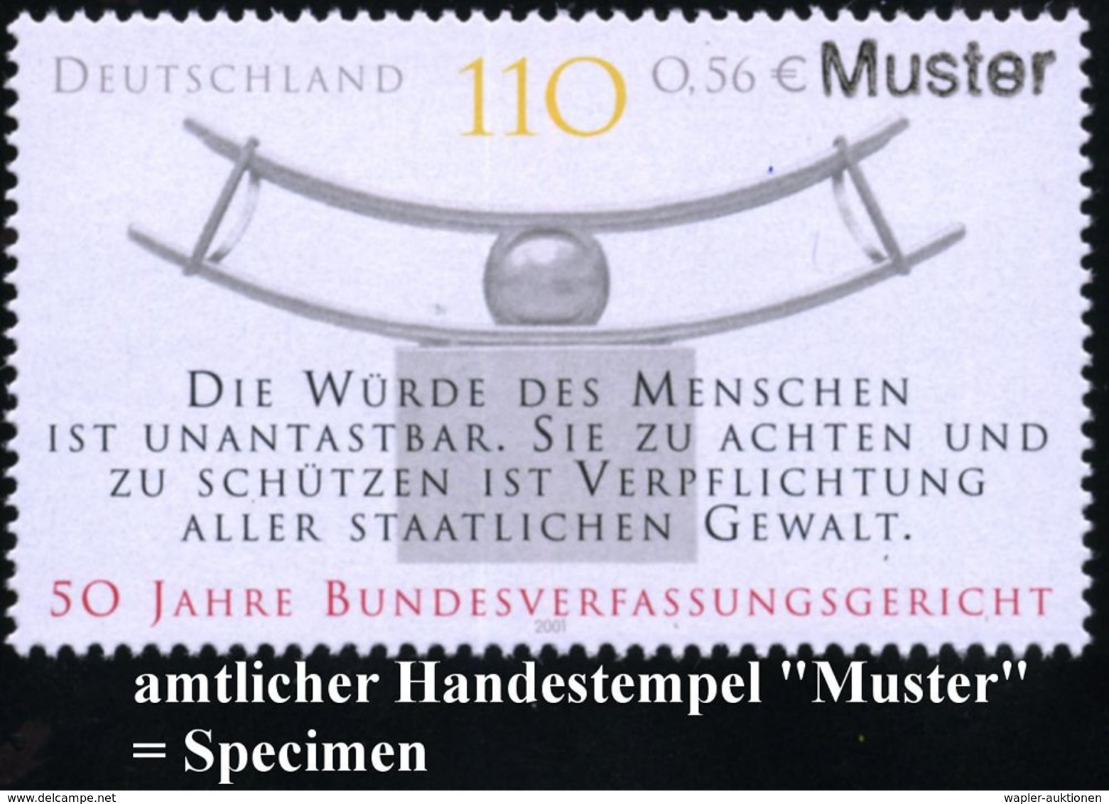 B.R.D. 2001 (Sept.) 110 Pf./(56 C.) "50 Jahre Bundesverfassungsgericht" Mit Amtl. Handstempel  "M U S T E R" , Postfr. + - Altri & Non Classificati