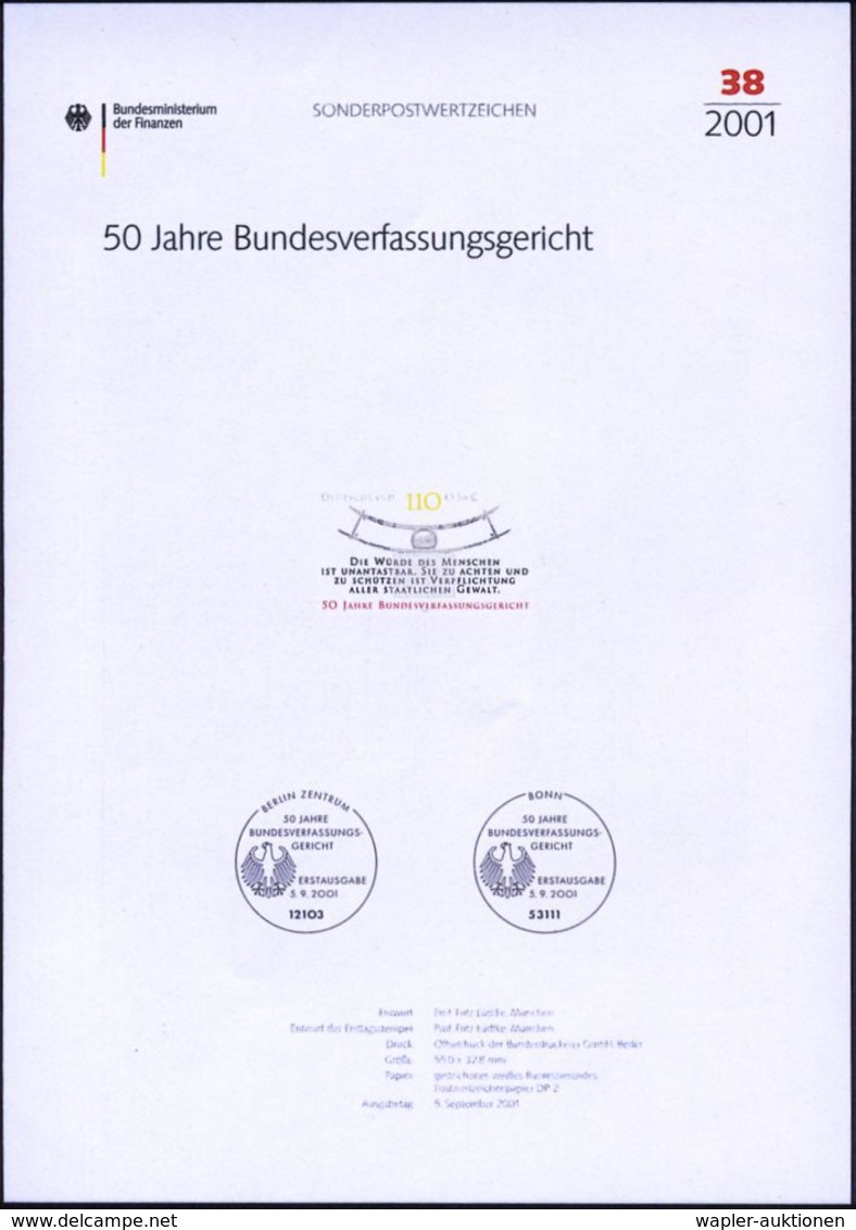 B.R.D. 2001 (Sept.) 110 Pf./(56 C.) "50 Jahre Bundesverfassungsgericht" Mit Amtl. Handstempel  "M U S T E R" , Postfr. + - Altri & Non Classificati