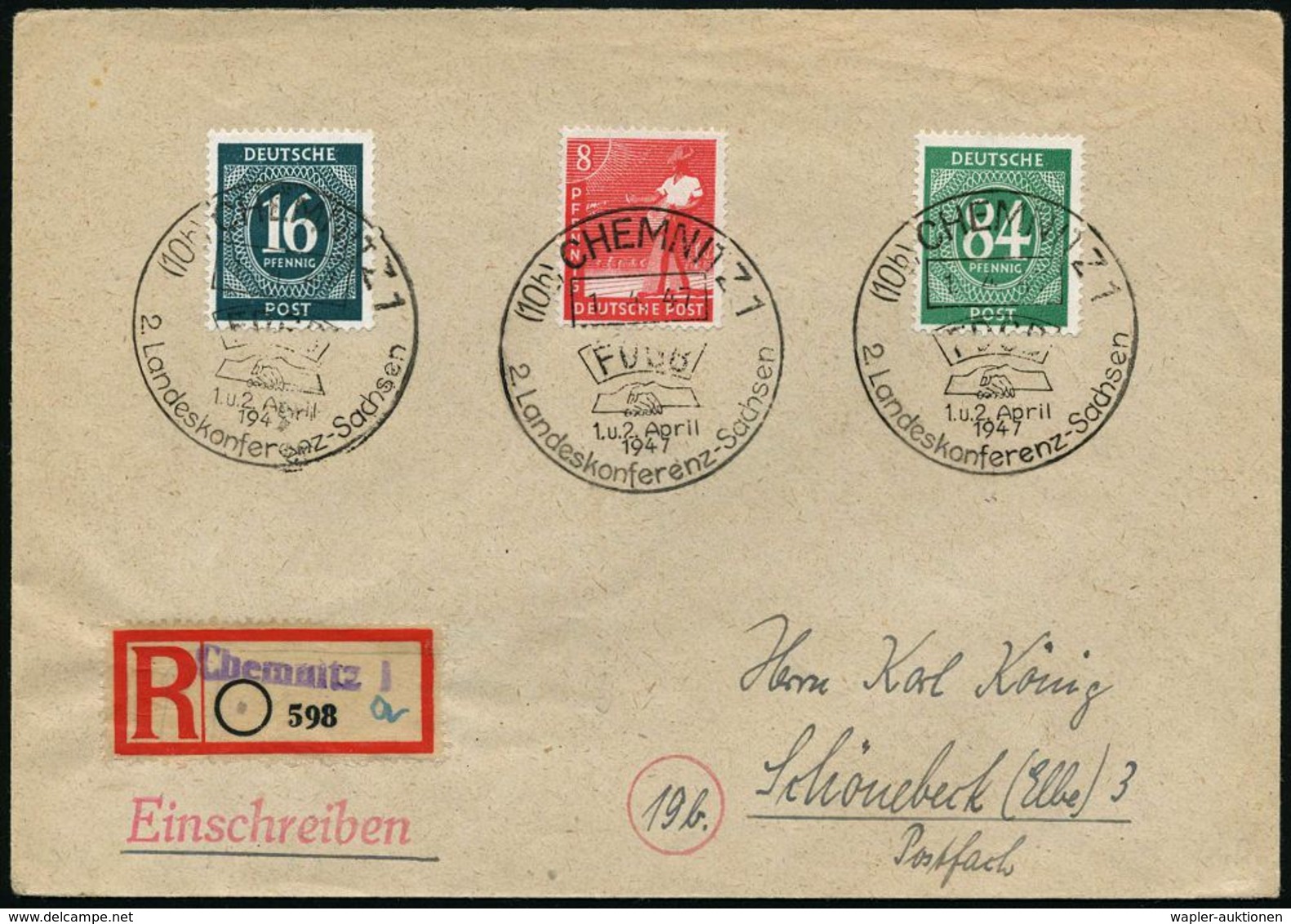 (10b) CHEMNITZ 1/ FDGB/ 2.Landeskonferenz-Sachsen 1947 (Apr.) Sehr Seltener SSt (Logo: 2 Hände) 3x + Provis. RZ: Chemnit - Sonstige & Ohne Zuordnung