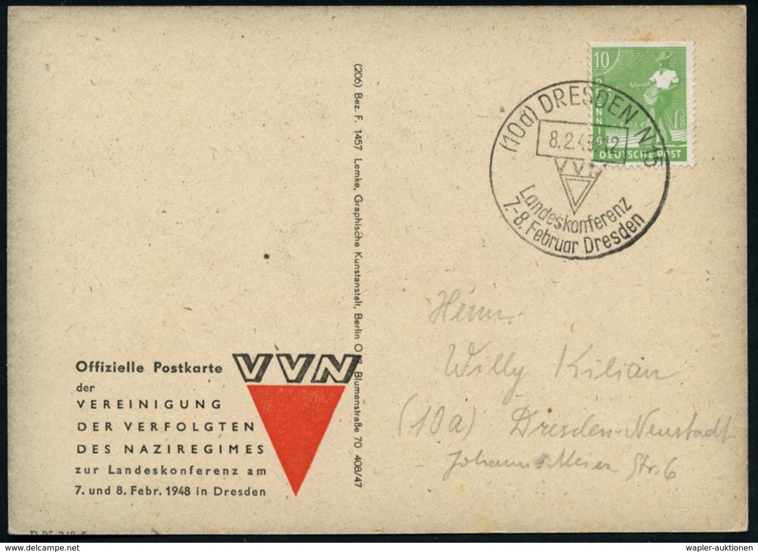 (10a) DRESDEN N 15/ VVN/ Landeskonferenz 1948 (8.2.) SSt Auf Schwarzer VVN-Sonder-Kt: DEN TOTEN ZU EHREN.. (Michaelis Nr - Other & Unclassified