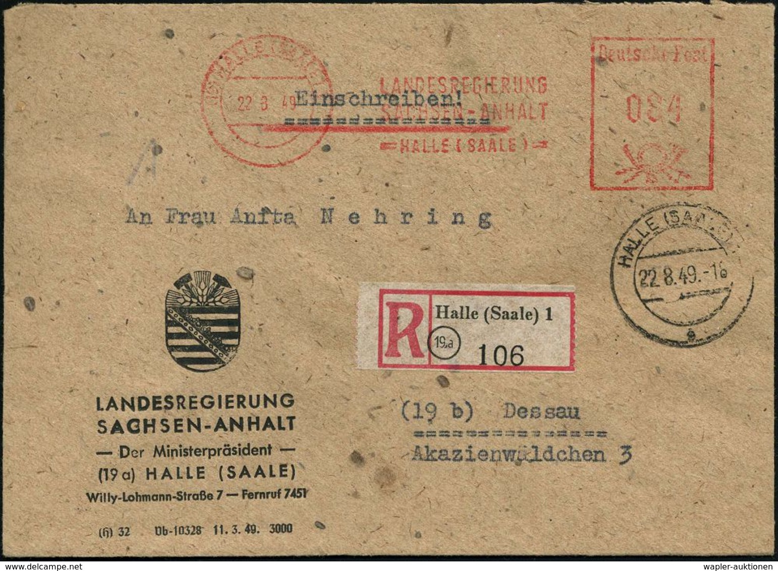 (19) HALLE (SAALE)/ LANDESREGIERUNG/ SACHSEN-ANHALT 1949 (22.8.) AFS 084 Pf. + RZ: (19 A) Halle (Saale) 1 , Dienst-Bf.:  - Andere & Zonder Classificatie