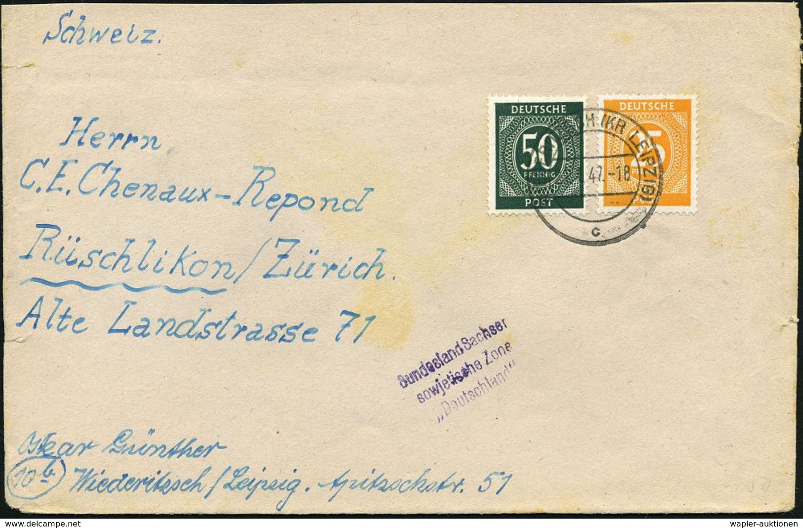WIEDERITZSCH (KR LEIPZIG)/ C 1947 (21.2.) 2K-Steg + Amtl. HdN: Bundesland Sachsen/sowjetische Zone/"Deutschland" , Bedar - Sonstige & Ohne Zuordnung