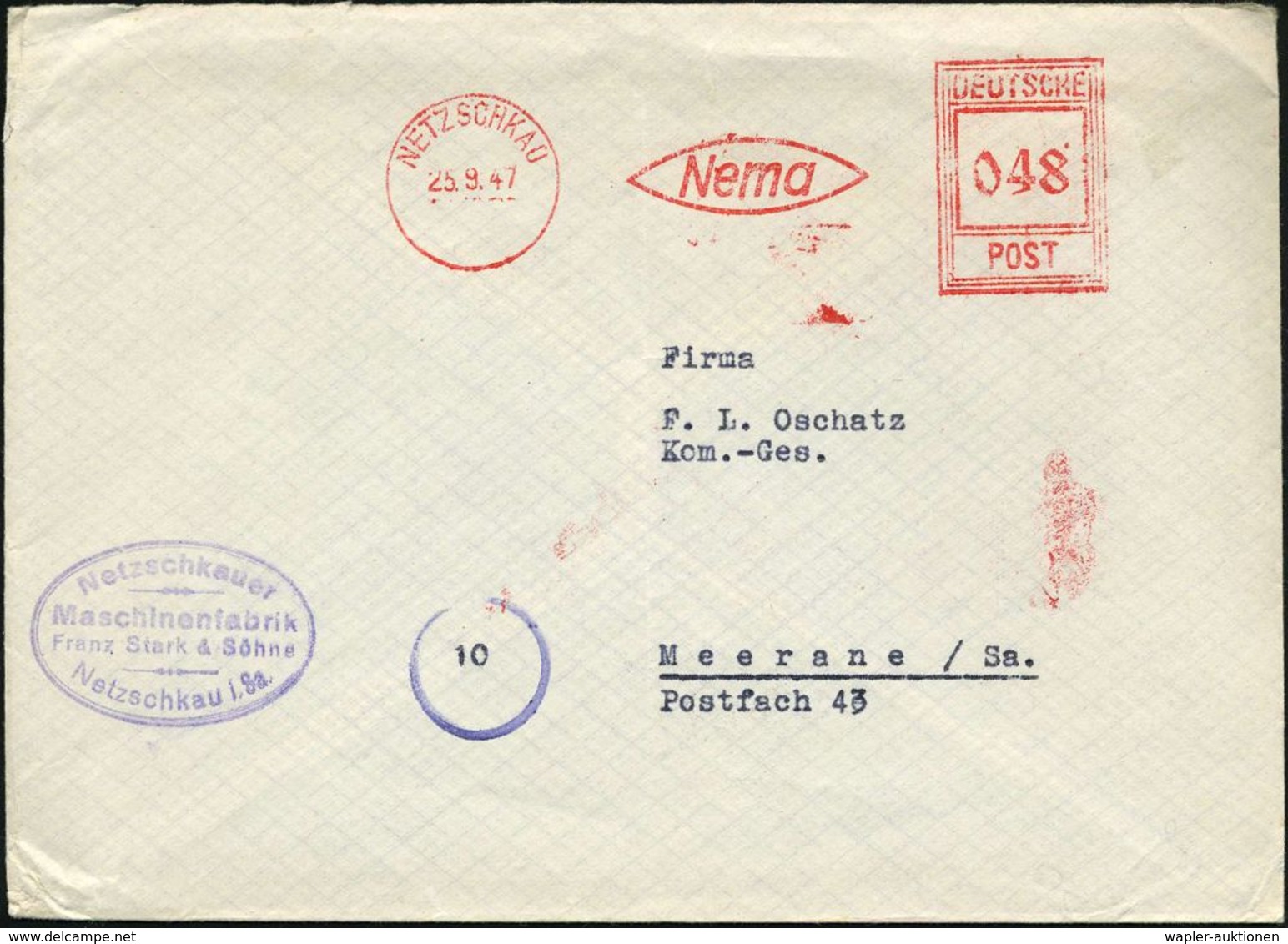 NETZSCHKAU/  Nema 1947 (25.9.) Seltener AFS-Typ "Hochrechteck" + Viol. Abs.-Oval: Netzschkauer/ Maschinenfabrik/ Franz S - Andere & Zonder Classificatie