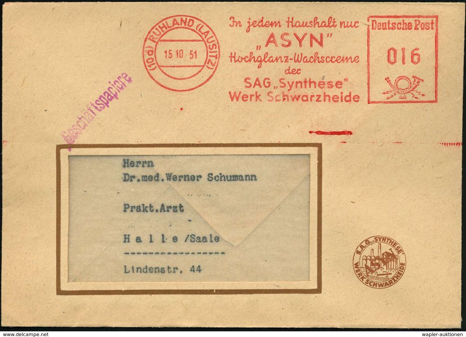 (10b) RUHLAND (LAUSITZ)/ In Jedem Haushalt Nur/ "ASYN"/ Hochglanz-Wachschreme/ Der/ S.A.G. "Syn-these"/ Werk Schwarzheid - Other & Unclassified