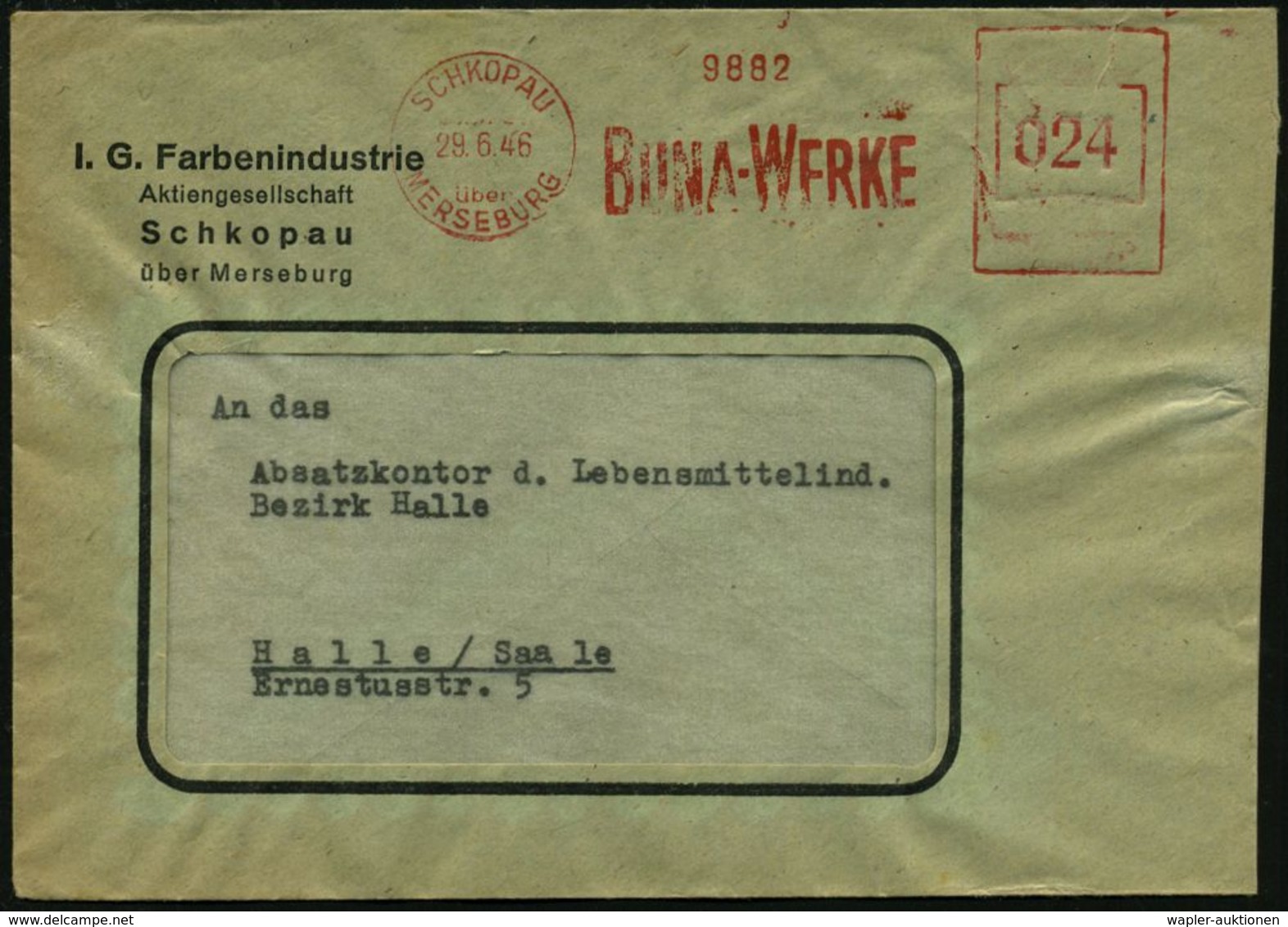 SCHKOPAU/ über/ MERSEBURG/ BUNA-WERKE 1946 (29.6.) Aptierter AFS "Reichsadler" = Entfernt + Inschrift "Deutsche Reichspo - Andere & Zonder Classificatie