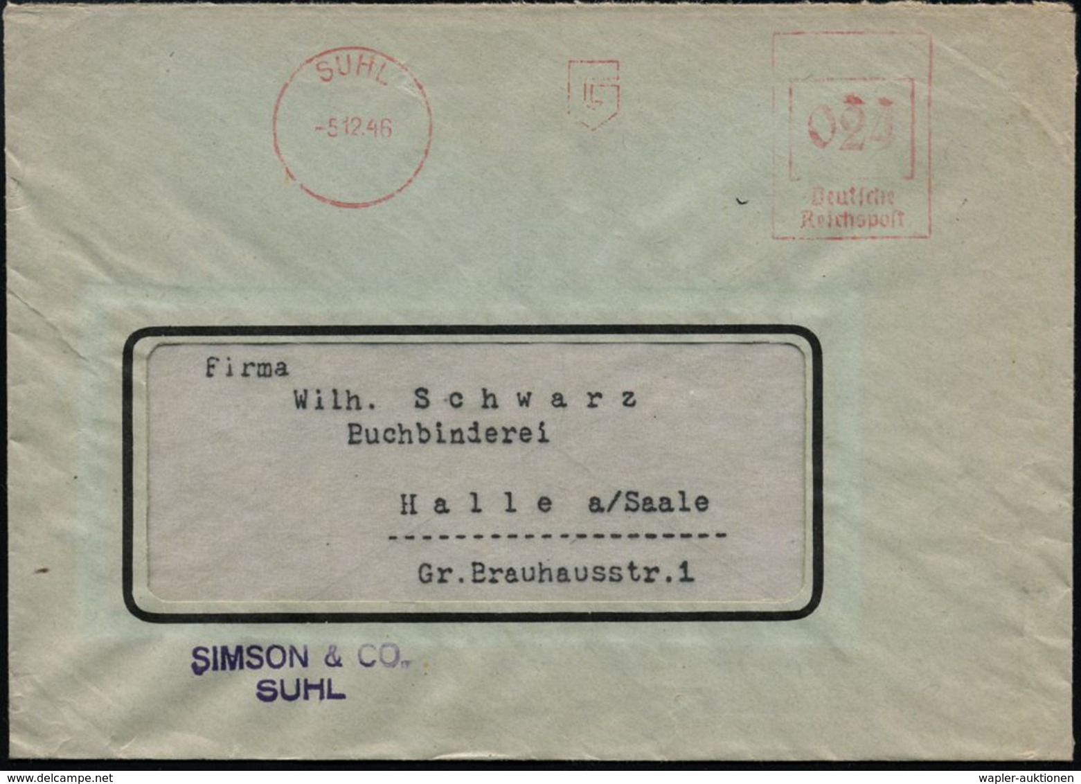 SUHL/ G 1946 (11.9.) Seltener, Aptierter AFS = NS-Adler + Absender G (USTLOFFWERK) = Rest Entfernt + Viol. Abs.-2L: SIMS - Andere & Zonder Classificatie