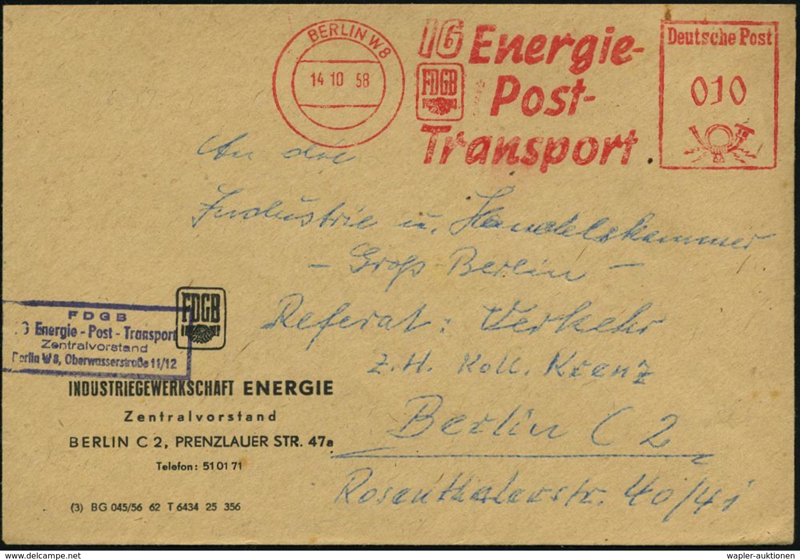 BERLIN W8/ IG Energie-/ Post-/ Transport/ FDGB 1958 (14.10.) AFS (FDGB-Logo: 2 Hände) Motivgl. Vordr.-Bf.+ Viol.Ra.4: FD - Sonstige & Ohne Zuordnung