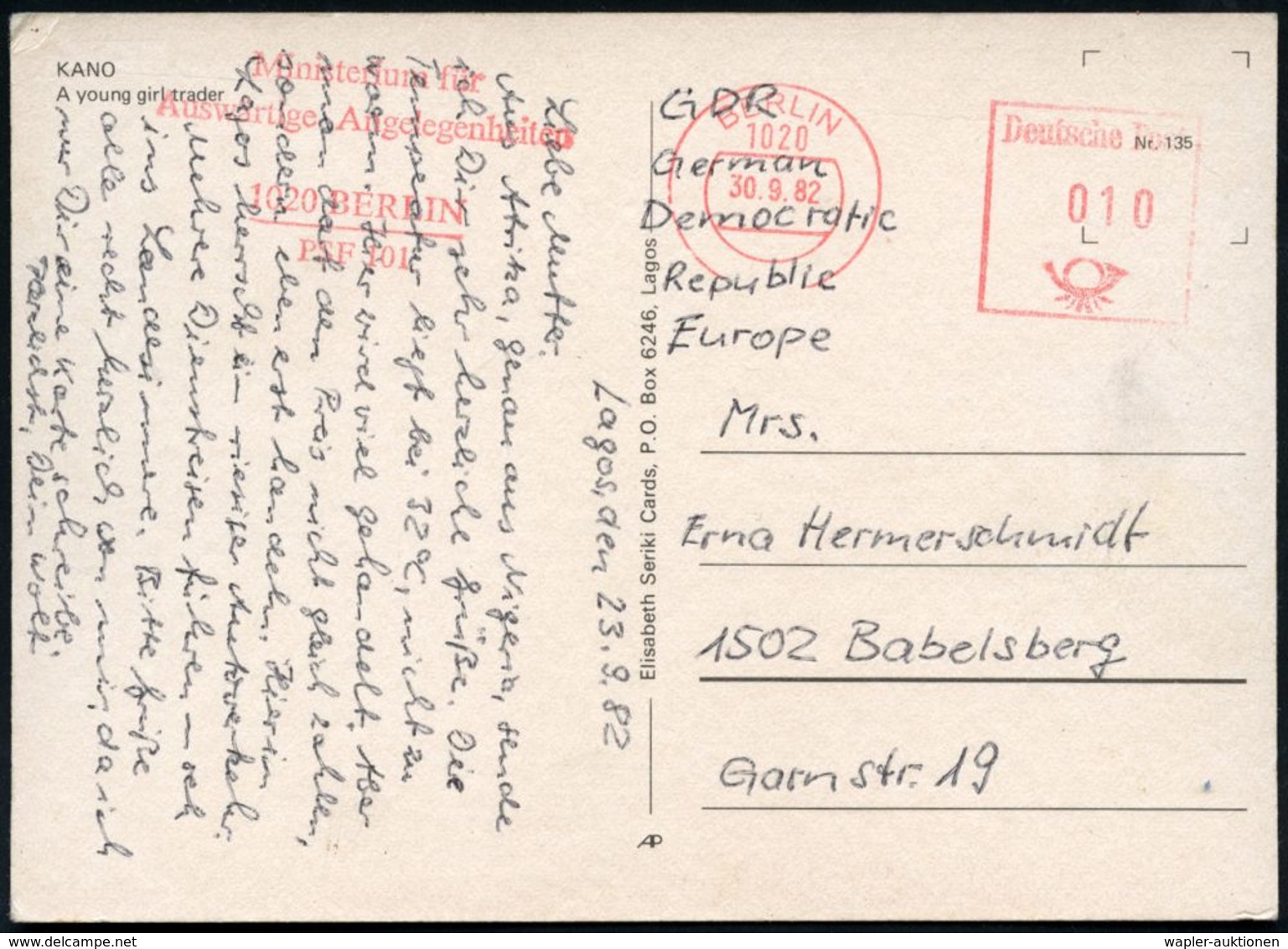 1020 BERLIN/ Ministerium Für/ Auswärtige Angelegenheiten 1983 (30.9.) AFS 010 Pf. Auf Übersee-Ak. Aus Nigeria = Diplomat - Autres & Non Classés