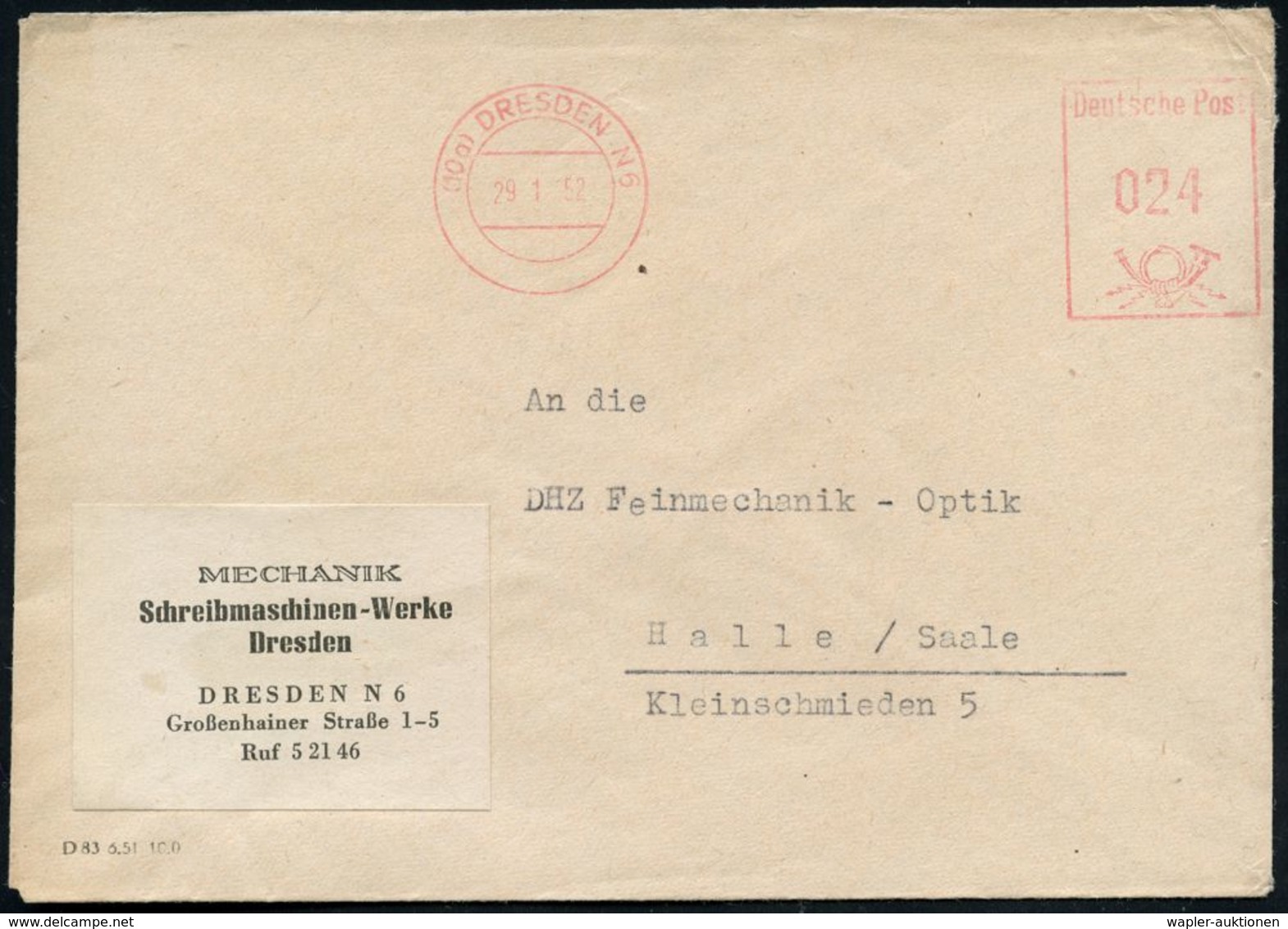 (10a) DRESDEN N 6 1952 (29.1.) Aptierter AFS Ohne Werbeklischee Auf überklebtem Firmen-Bf.: MECHANIK Schreibmaschinen-We - Sonstige & Ohne Zuordnung