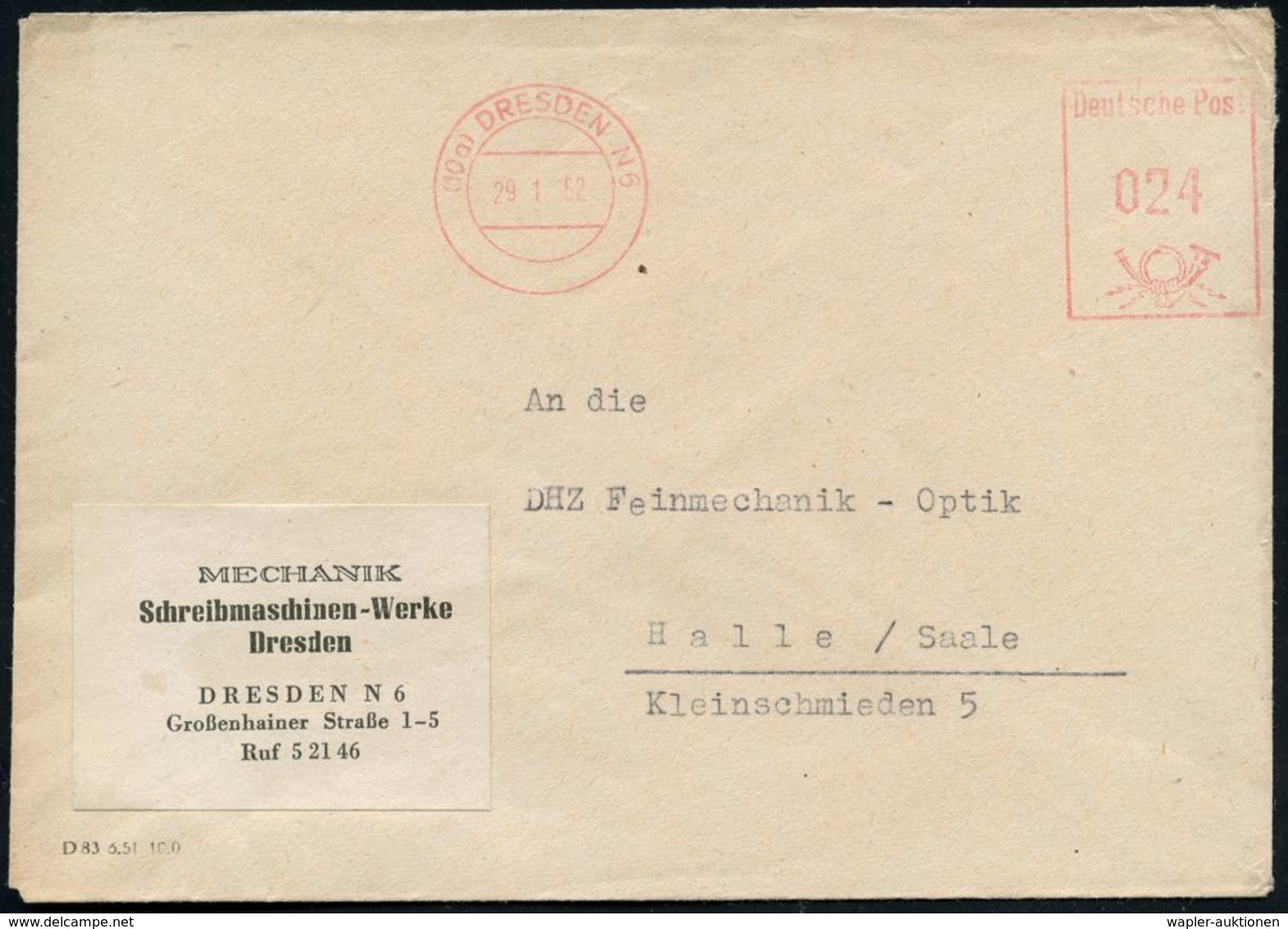 (10a) DRESDEN N 6 1952 (29.1.) Aptierter AFS Ohne Werbeklischee Auf überklebtem Firmen-Bf.: MECHANIK Schreibmaschinen-We - Autres & Non Classés