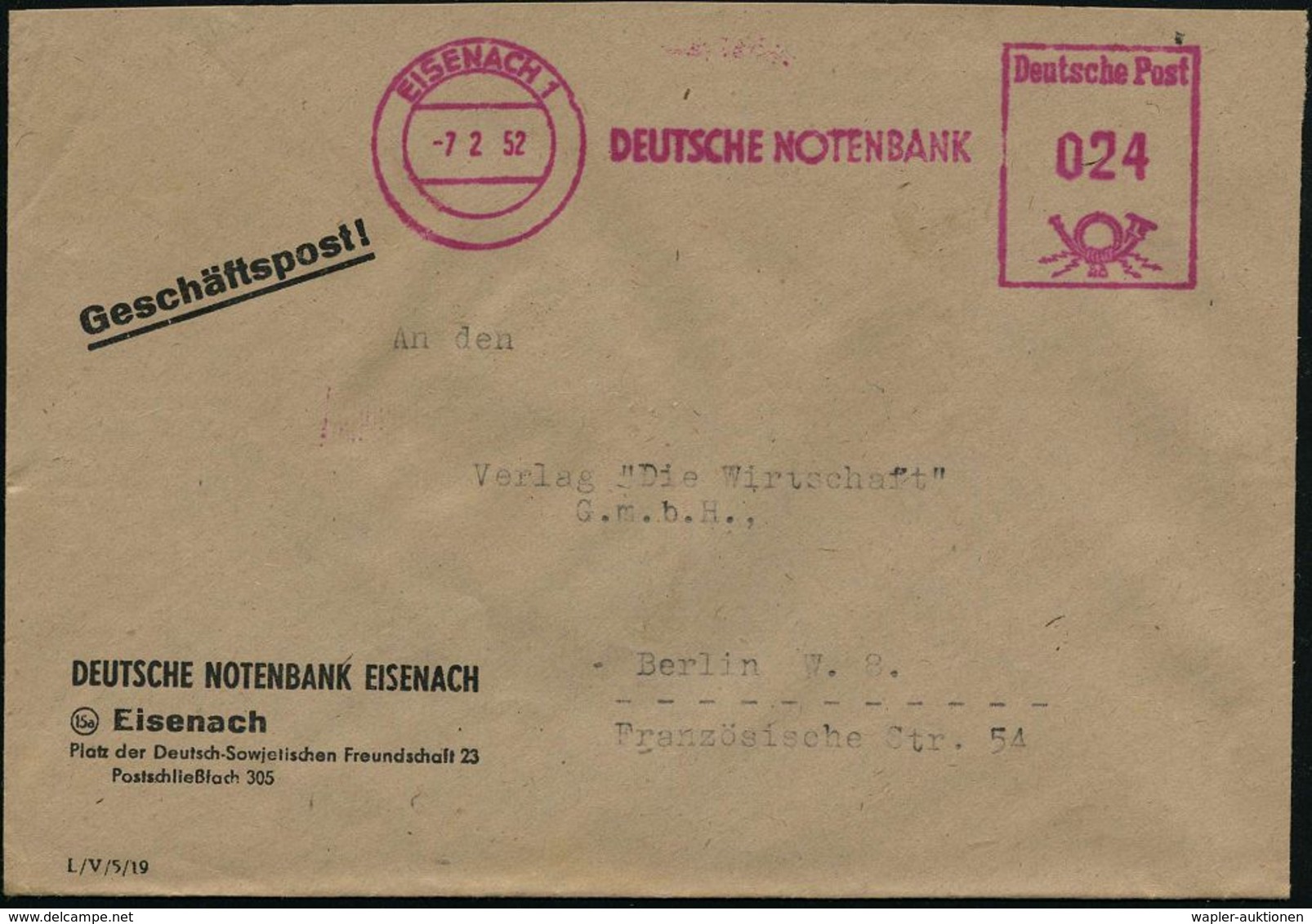 EISENACH 1/ DEUTSCHE NOTENBANK 1952 (7.2.) Violetter AFS Klar Auf Dienst-Bf. (Dü.E20CG ,viol.) - GESCHICHTE DER D.D.R. ( - Andere & Zonder Classificatie