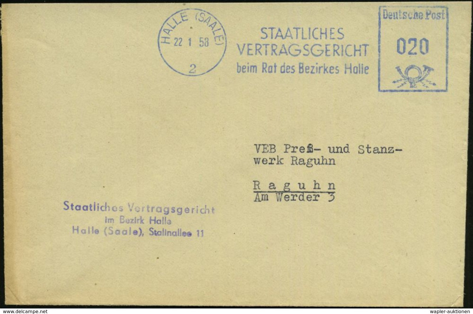 HALLE (SAALE)/ 2/ STAATLICHES/ VERTRAGSGERICHT.. 1958 (22.1.) Blauer AFS = DDR-Dienstfarbe + Viol. Abs.-3L, Dienst-Bf. ( - Sonstige & Ohne Zuordnung