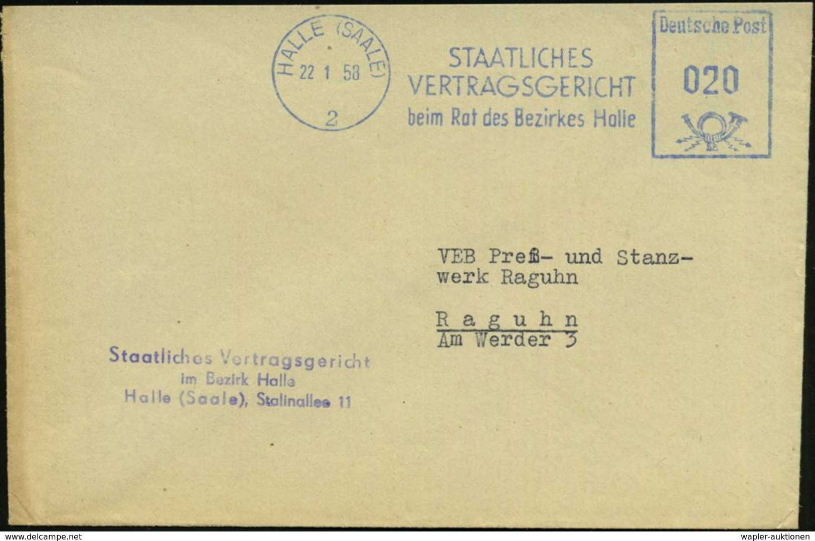 HALLE (SAALE)/ 2/ STAATLICHES/ VERTRAGSGERICHT.. 1958 (22.1.) Blauer AFS = DDR-Dienstfarbe + Viol. Abs.-3L, Dienst-Bf. ( - Andere & Zonder Classificatie