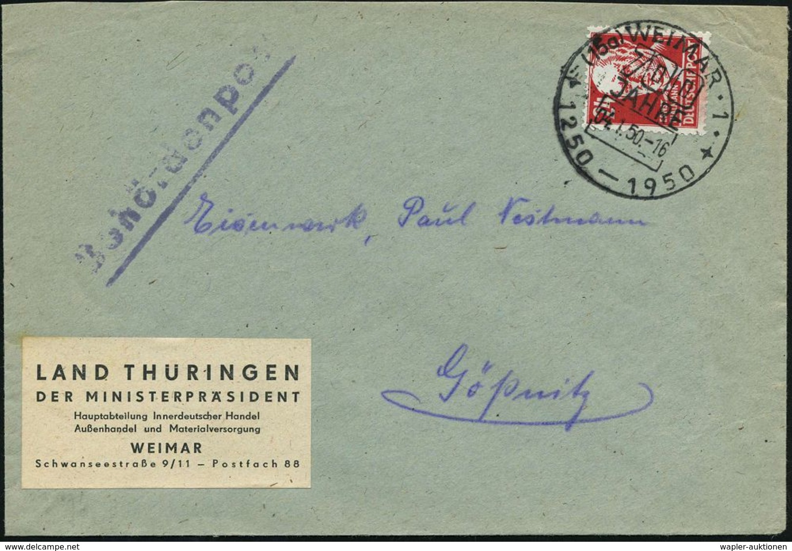 (15a) WEIMAR 1/ 700 JAHRE/ 1250-1950 1950 (4.1.) HWSt Auf Provis. Dienst-Bf.: LAND THÜRINGEN/DER MINISTER-PRÄSIDENT/ HAU - Sonstige & Ohne Zuordnung
