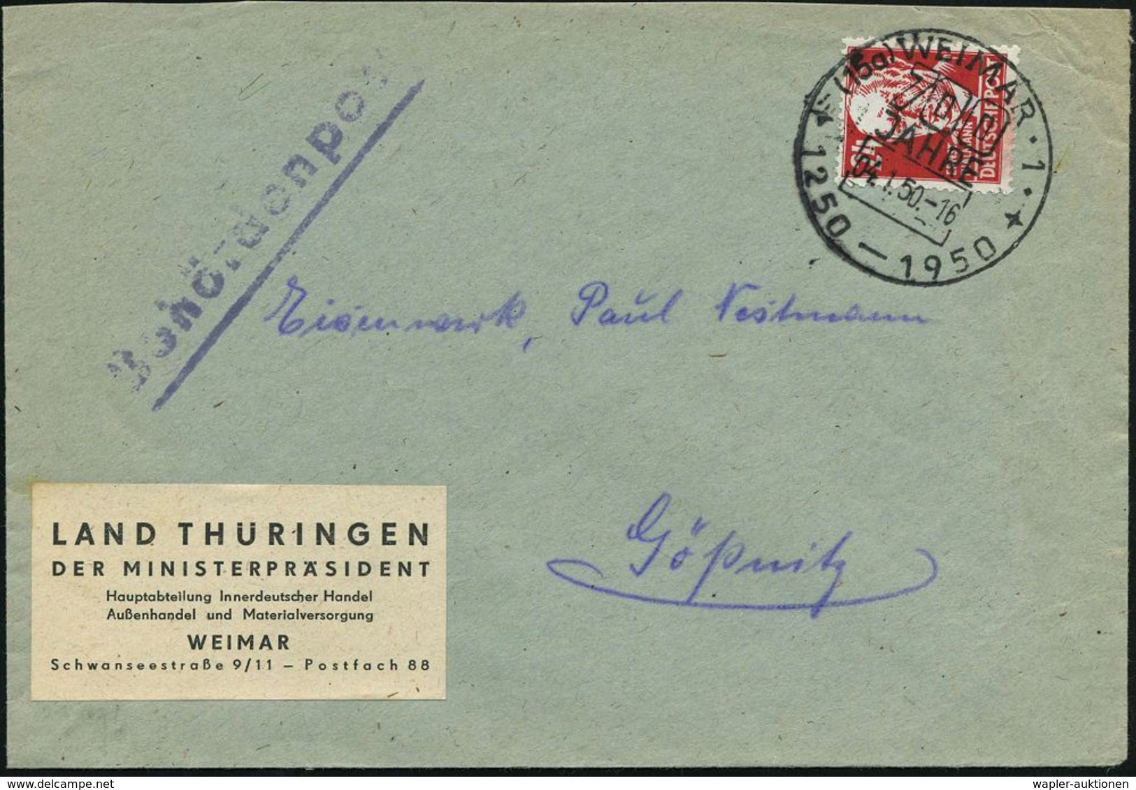 (15a) WEIMAR 1/ 700 JAHRE/ 1250-1950 1950 (4.1.) HWSt Auf Provis. Dienst-Bf.: LAND THÜRINGEN/DER MINISTER-PRÄSIDENT/ HAU - Autres & Non Classés