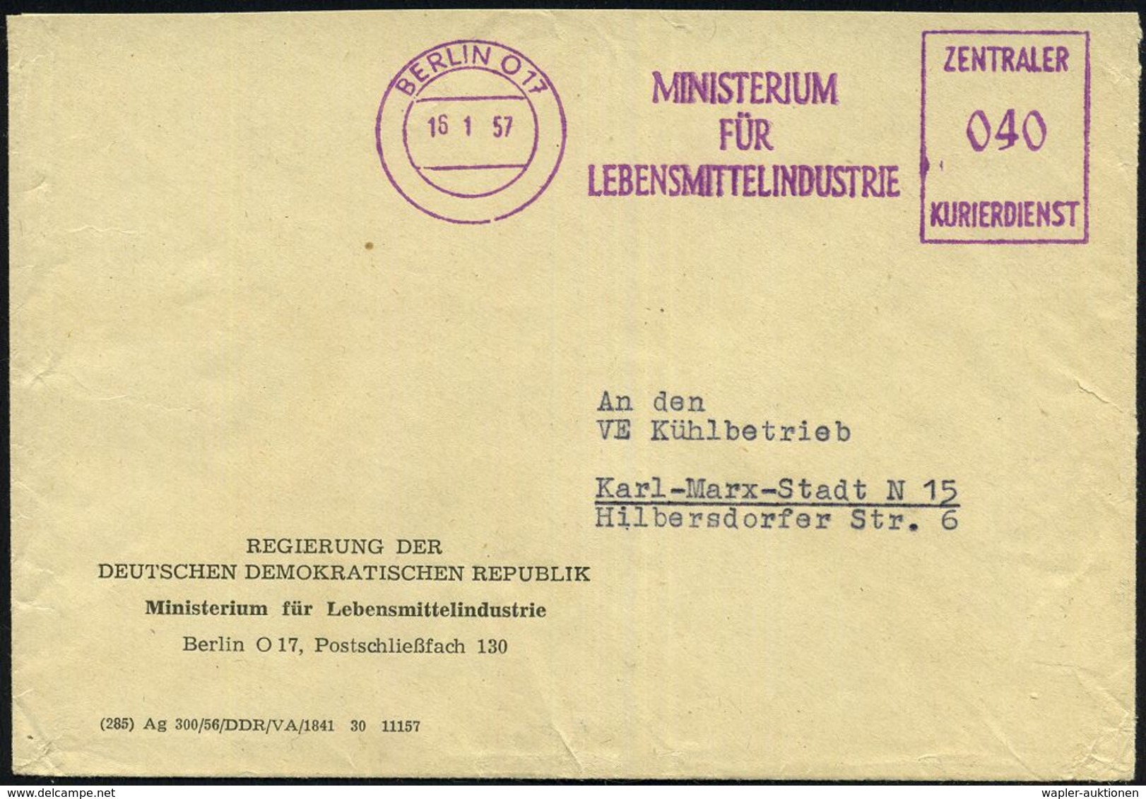 BERLIN O 17/ MINISTERIUM/ FÜR/ LEBENSMITTELINDUSTRIE/ ZKD 1957 (16.1.) Lila ZKD-AFS Klar Auf Dienst-Bf.: REGIERUNG DER D - Otros & Sin Clasificación