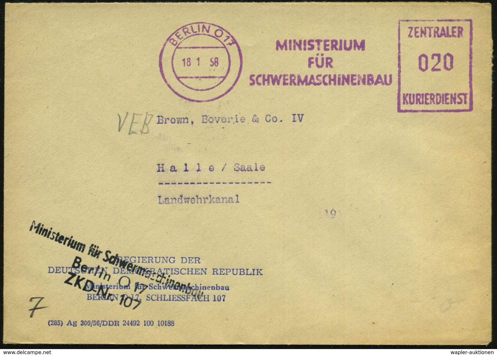 BERLIN O 17/ MINISTERIUM/ FÜR/ SCHWERMASCHINENBAU/ ZKD 1958 (18.1.) Lila ZKD-AFS + Schw. ZKD-Abs.-3L: Ministerium Für Sc - Autres & Non Classés