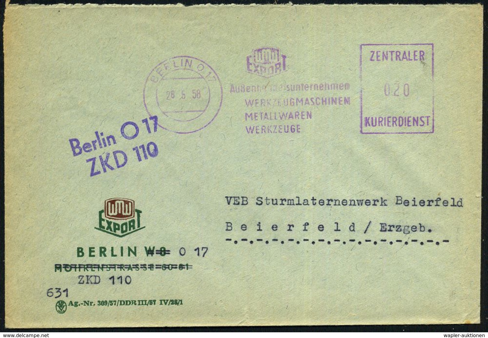 BERLIN O 17/ WMW EXPORT/ Außenhandelsunternehmen/ WERKZEUGMASCHINEN../ ZKD 1958 (28.5.) Lila ZKD-AFS (Logo) + Viol. 2L:  - Sonstige & Ohne Zuordnung