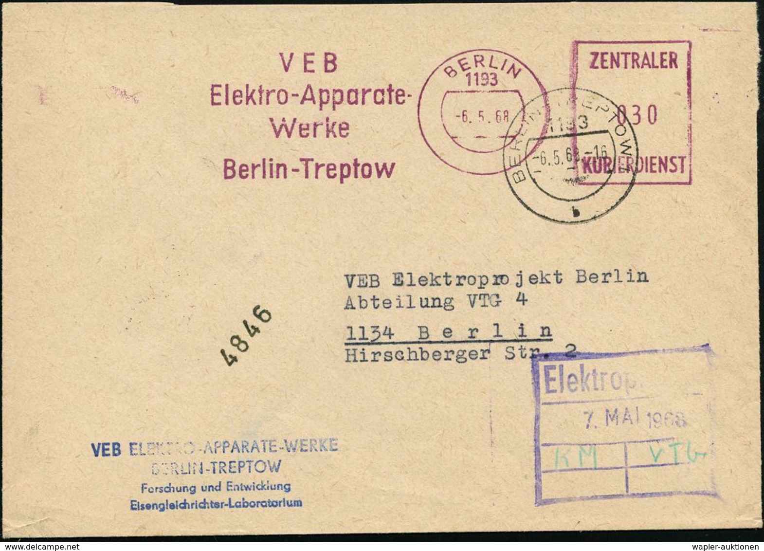 1193 BERLIN/ ZKD/ VEB/ Elektro-Apparate/ Werke 1968 (6.5.) Lila ZKD-AFS Postalia + Schw. Paginier-1L + Viol. Ra3: Richti - Autres & Non Classés