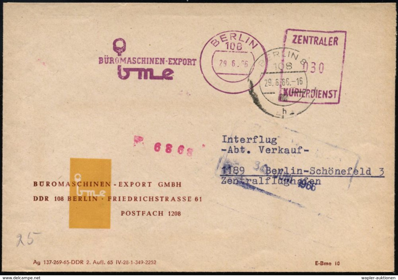 108 BERLIN/ Bme/ BÜROMASCHINEN-EXPORT/ ZKD 1966 (29.6.) Lila ZKD-AFS "Postalia" (stilis. Schreibmaschinen-Type) Motivgl. - Autres & Non Classés