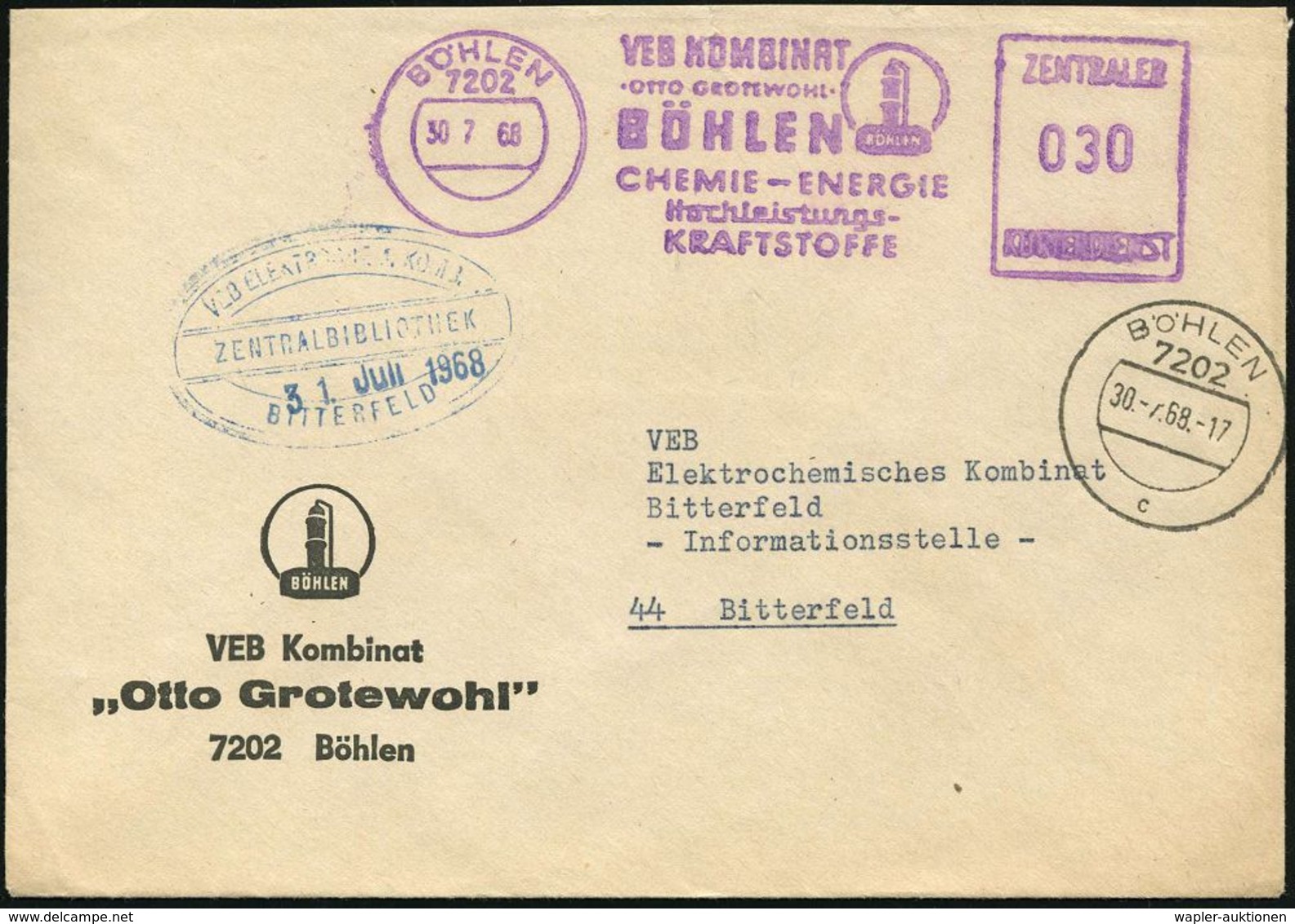 7202 BÖHLEN/ VEB KOMBINAT/ "OTTO GROTEWOHL"/ ..CHEMIE-ENERGIE/ Hochleistungs-/ KRAFTSTOFFE/  ZKD 1968 (30.7.) Lila ZKS-A - Sonstige & Ohne Zuordnung