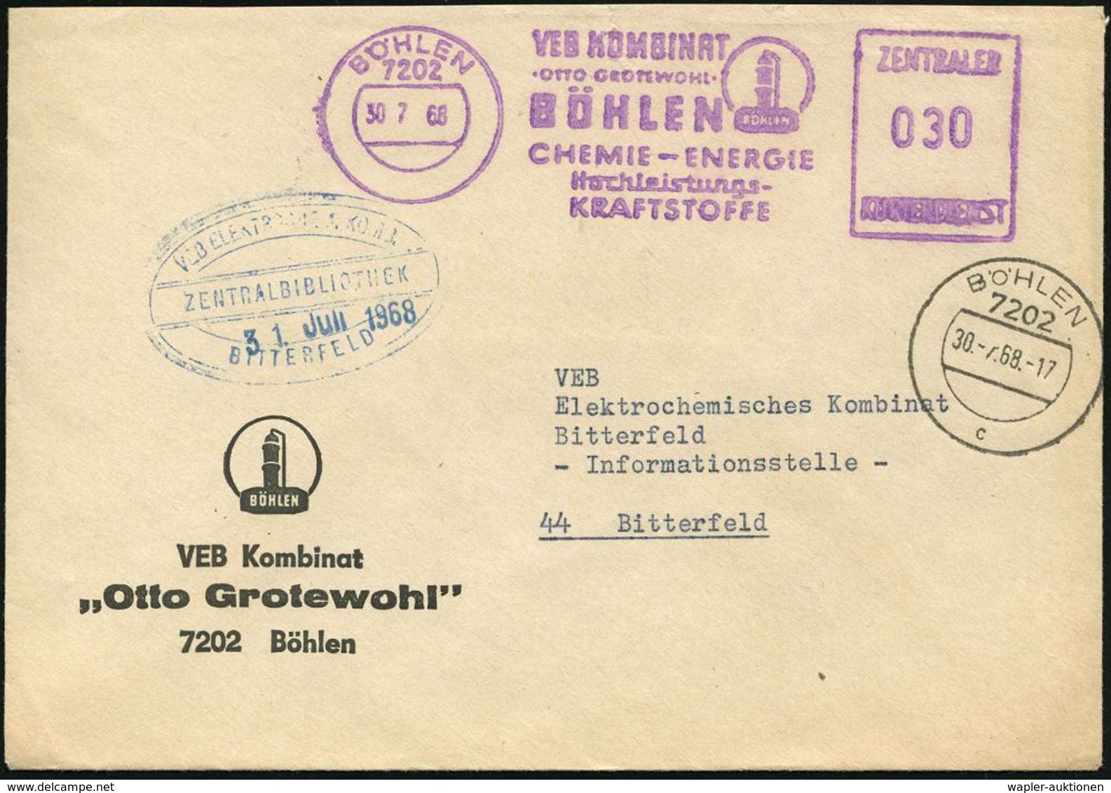 7202 BÖHLEN/ VEB KOMBINAT/ "OTTO GROTEWOHL"/ ..CHEMIE-ENERGIE/ Hochleistungs-/ KRAFTSTOFFE/  ZKD 1968 (30.7.) Lila ZKS-A - Andere & Zonder Classificatie