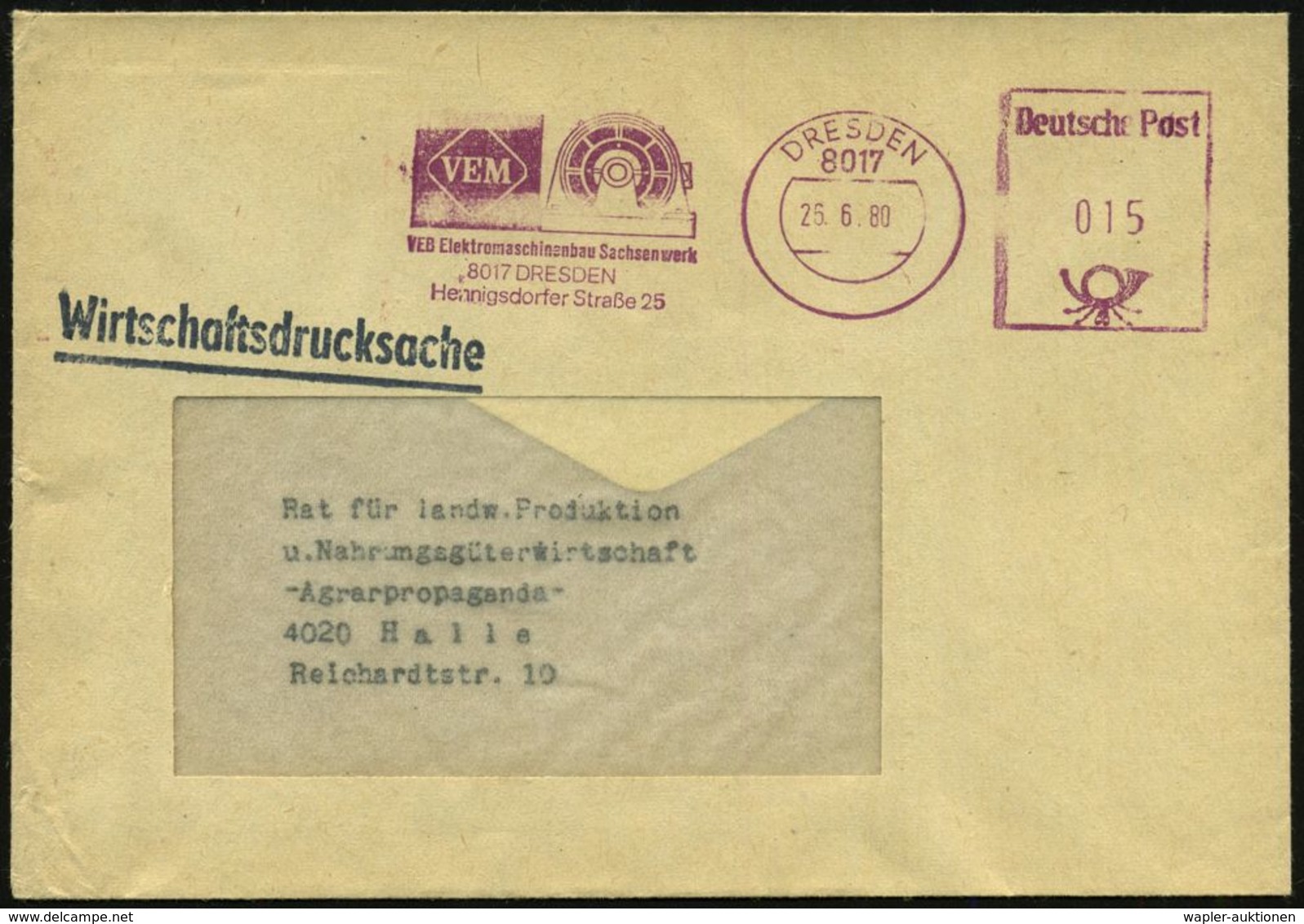 8017 DRESDEN/ VEM/ VEB Elektromaschinenbau Sachsenwerk.. 1980 (26.6.) L I L A  AFS "Postalia" In Unzulässiger ZKD-Farbe  - Altri & Non Classificati