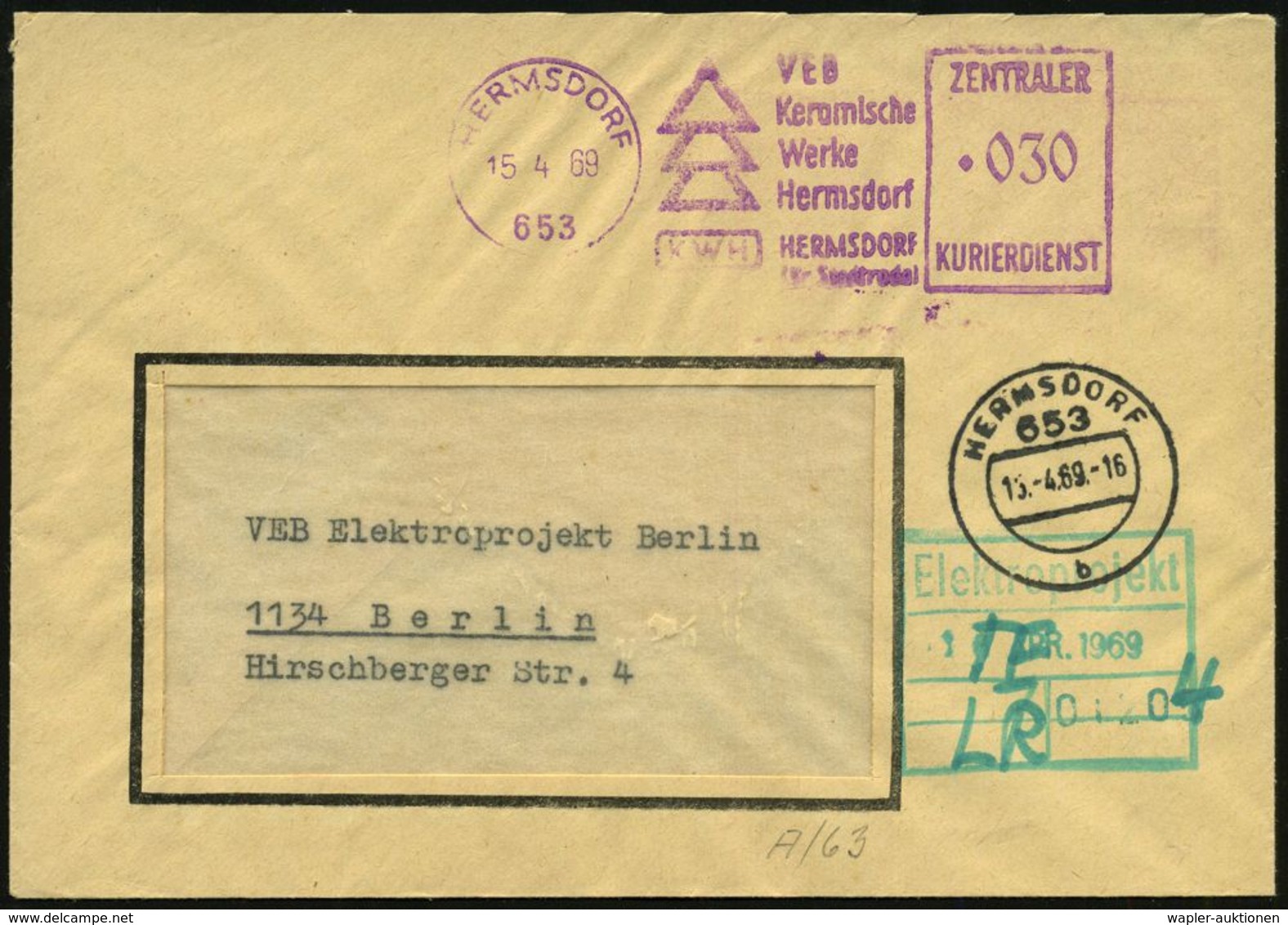 653 HERMSDORF/ KWH/ VEB/ Keramische/ Werke../ ZKD 1969 (15.4.) Lila ZKD-AFS = Seltene Type Mit Punkt (= Porzellan-Isolat - Andere & Zonder Classificatie