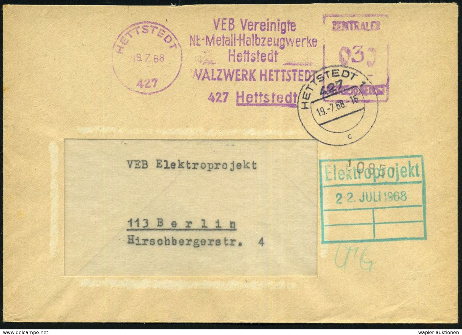 427 HETTSTEDT/ VEB../ WALZWERK HETTSTETDT/ ZKD 1968 (18.7.) Lila ZKD-AFS Mit PLZ + 1K: 427 HETTSTEDT 1/c, ZKD-Dienstbf.  - Sonstige & Ohne Zuordnung