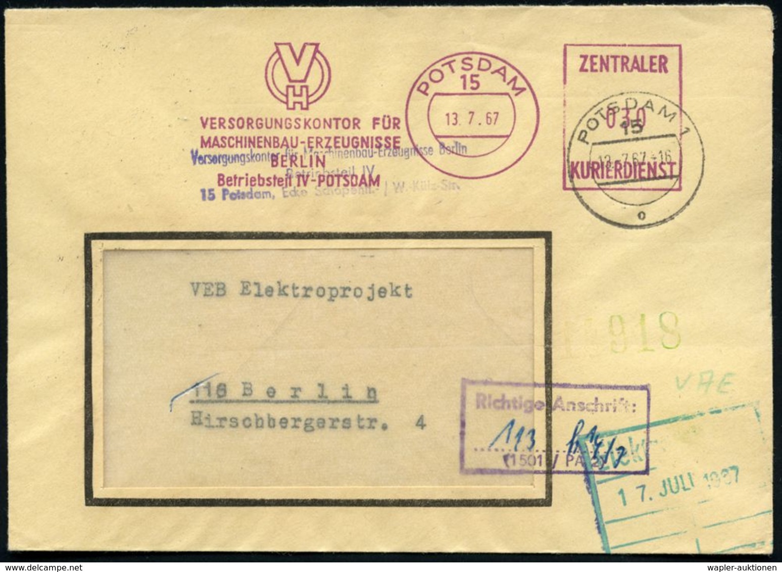 15 POTSDAM/ VH..FÜR/ MASCHINANBAU.. 1967 (13.7.) Lila ZKD-AFS Postalia + Viol. ZKD-HdN: Richtige Anschrift:...... (1501/ - Andere & Zonder Classificatie