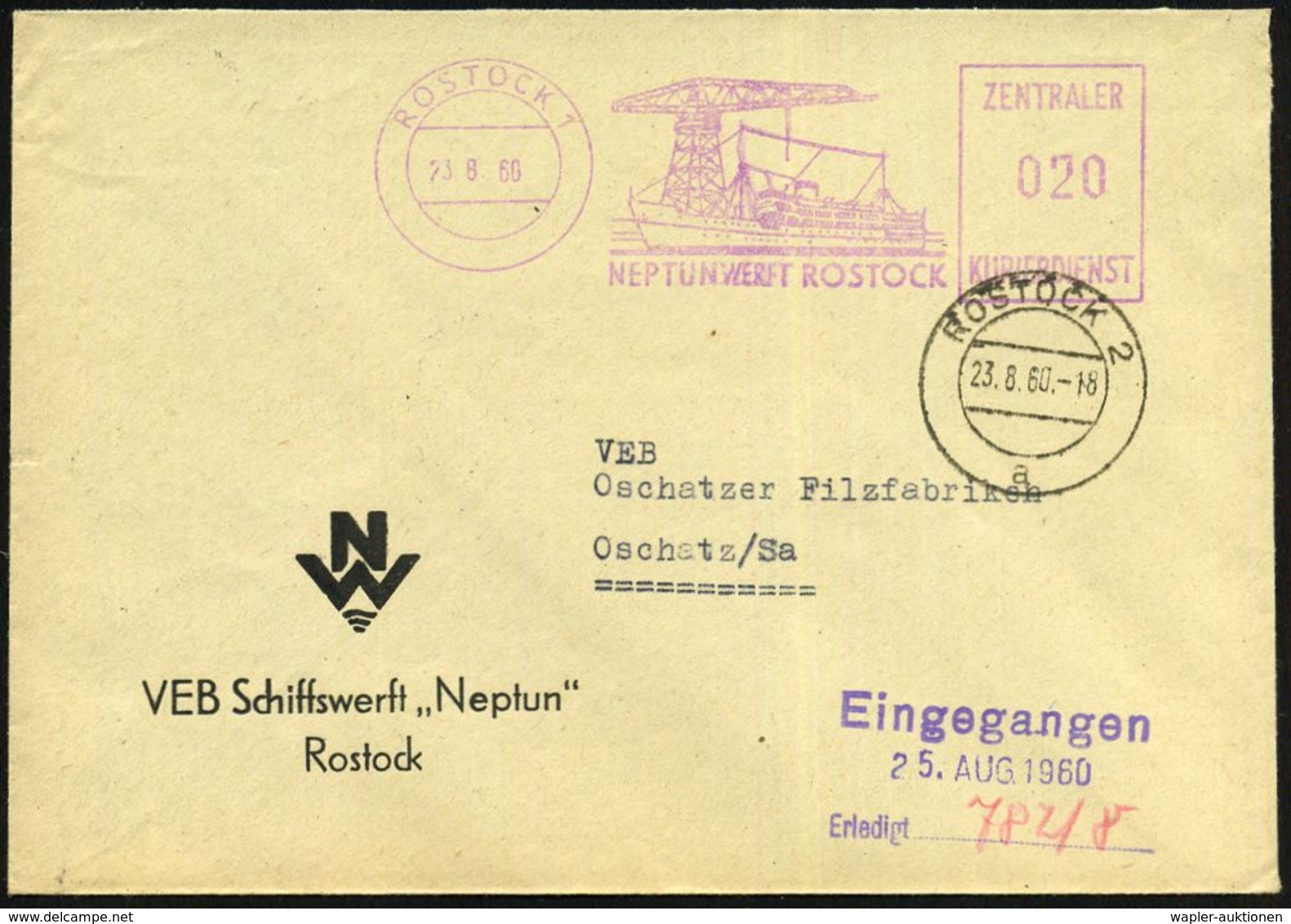 ROSTOCK 1/ NEPTUNWERFT ROSTOCK/ ZKD 1960 (23.8.) Lila ZKD-AFS = Passagierschiff, Werftkran , Dekorat. ZKD-Firmen-Bf.: VE - Sonstige & Ohne Zuordnung