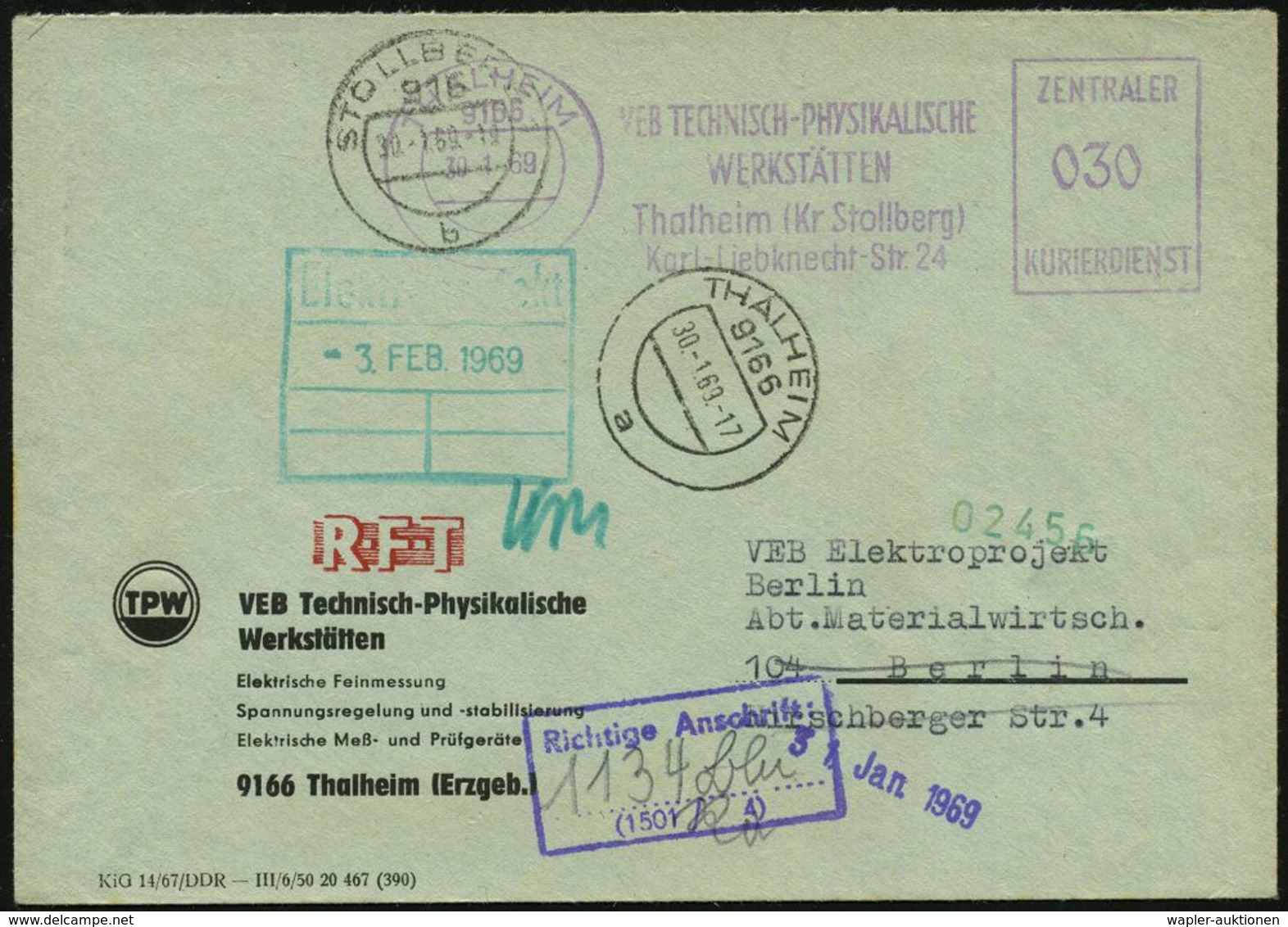 9166 THALHEIM/ VEB TECHNISCH-PHYSIKALISCHE/ WERKSTÄTTEN/ ZKD 1968 (30.1.) Lila ZKD-AFS 30 Pf. + Viol. ZKD-Ra.: Richtige  - Sonstige & Ohne Zuordnung