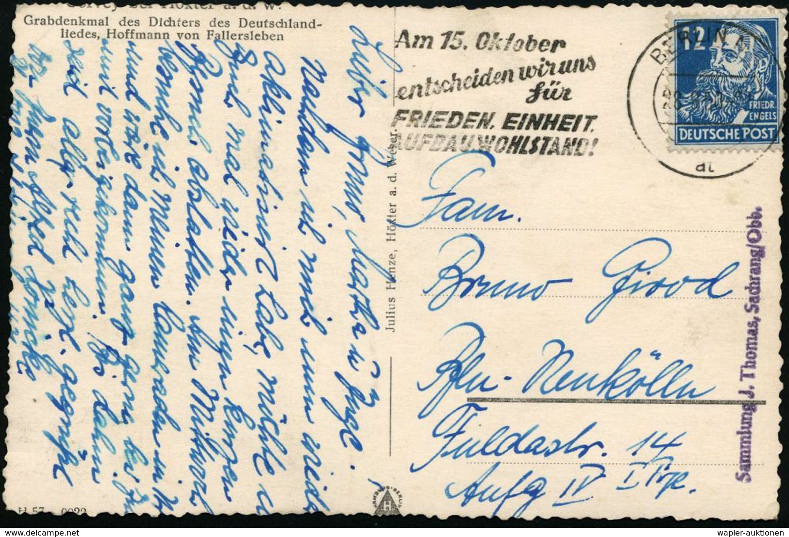 BERLIN N 4/ At/ Am 15.Oktober/ Entscheiden Wir Uns/ Für/ FRIEDEN,EINHEIT,/  AUFBAU,WOHLSTAND 1950 (28.9.) Seltener MWSt  - Autres & Non Classés