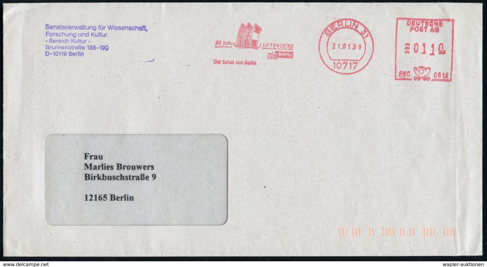 10717 BERLIN 31/ E60 0818/ 50 Jahre LUFTBRÜCKE/ Der Senat V.Berlin 1999 (Jan.) AFS Pitney Bowes "DEUTSCHE POST AG" , Die - Andere & Zonder Classificatie