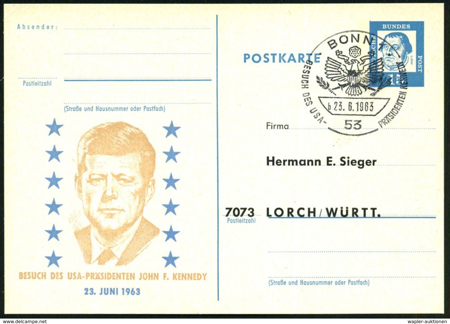 5300 BONN 1/ B/ BESUCH DES USA-PRÄSIDENTEN KENNEDY 1963 (23.6.) SSt = US-Wappen Auf Amtl. P 15 Pf. Luther, Blau (Mi. Urk - Andere & Zonder Classificatie