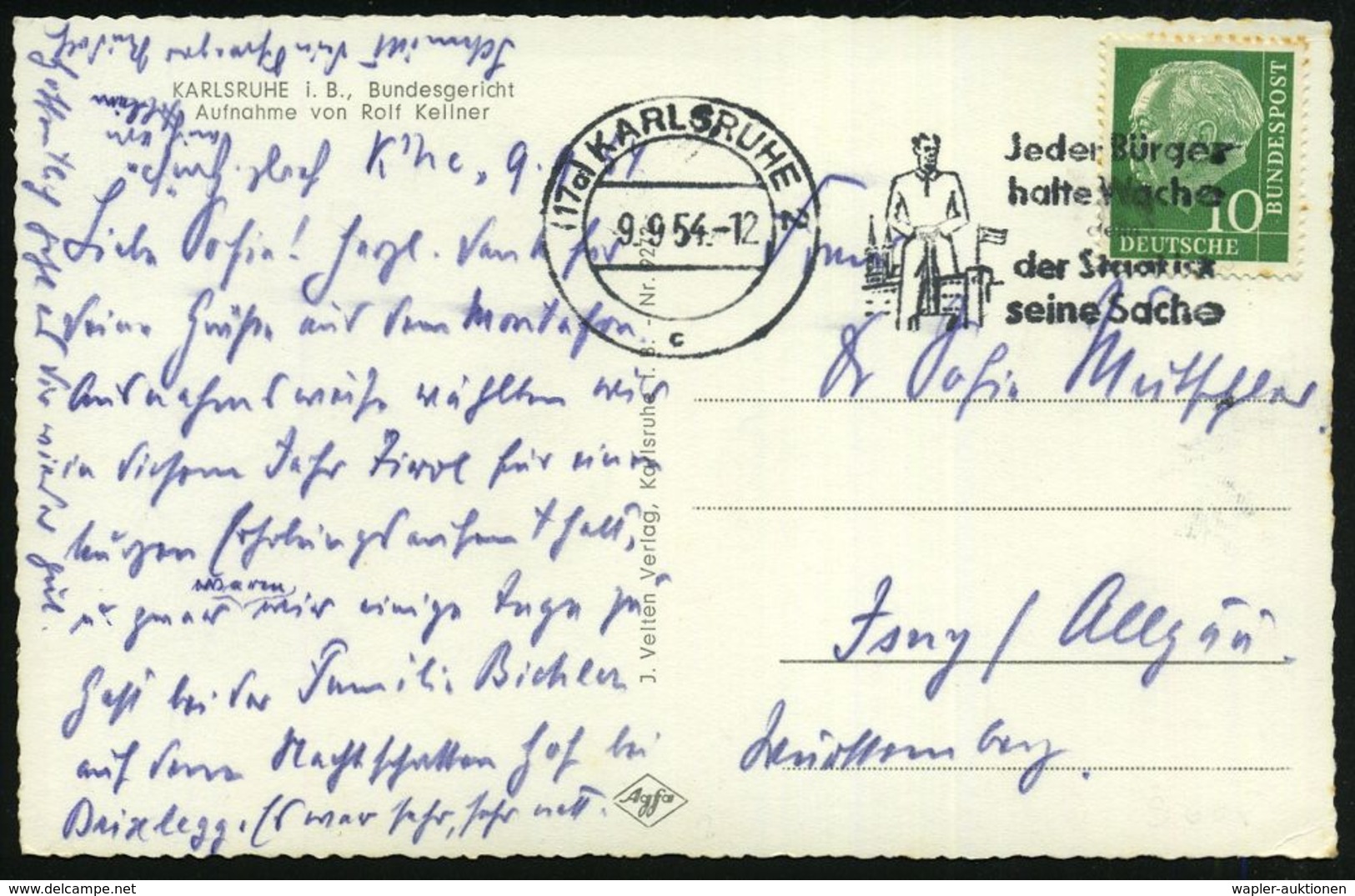 (17a) KARLSRUHE 2/ C/ Jeder Bürger/ Halte Wache/ Denn/ Der Staat Ist/ Seine Sache 1954 (9.9.) MWSt (Text Rechts) = Bunde - Sonstige & Ohne Zuordnung