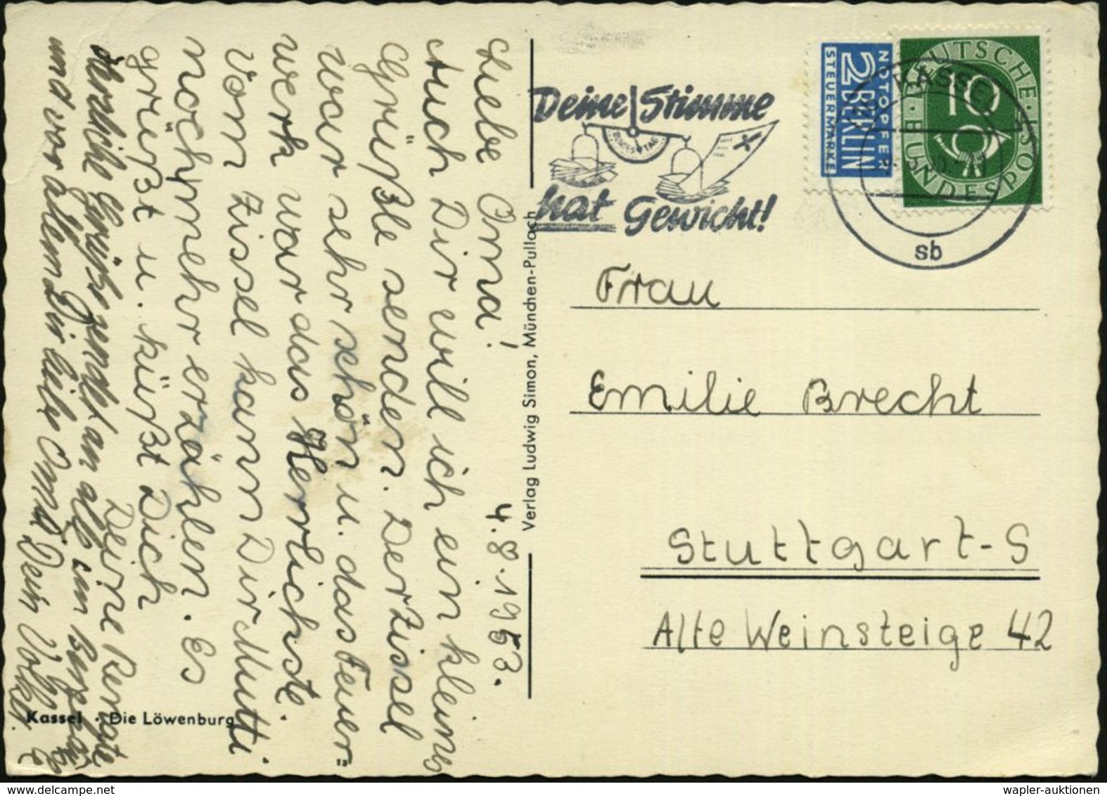 (16) KASSEL 7/ Sb/ Deine Stimme/ Hat Gewicht! 1953 (5.8.) MWSt = Waage Mit Stimmzetteln , Klar Gest. Bedarfs-Ak. (Bo.S 6 - Andere & Zonder Classificatie