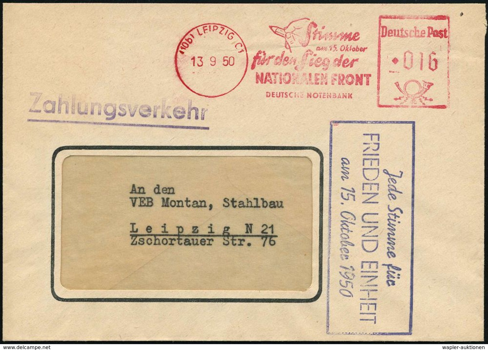 (10b) LEIPZIG C1/ Stimme/ Am 15.Okt./ Für Den Sieg Der/ NATIONALEN FRONT/ DT.NOTENBANK 1950 (13.9.) AFS = Hand Mit Bleis - Autres & Non Classés