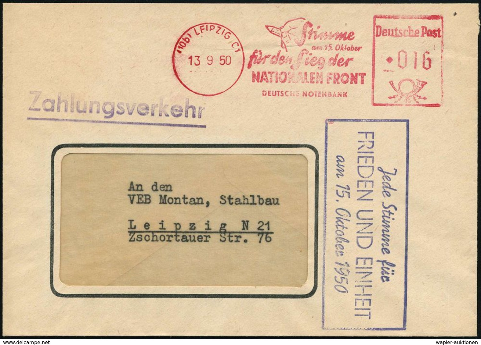 (10b) LEIPZIG C1/ Stimme/ Am 15.Okt./ Für Den Sieg Der/ NATIONALEN FRONT/ DT.NOTENBANK 1950 (13.9.) AFS = Hand Mit Bleis - Andere & Zonder Classificatie