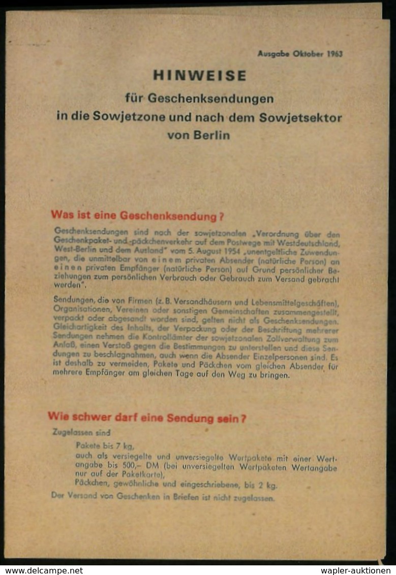 B.R.D. 1963 (Okt.) Faltblatt: HINWEISE Für Geschenksendungen In Die Sowjetzone.. (Format A5, 4 Seiten) Des Büros Für Ges - Other & Unclassified