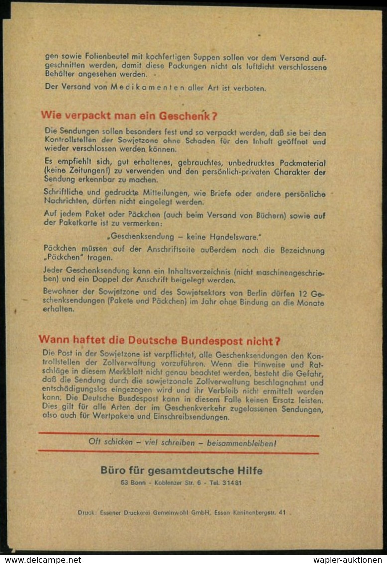 B.R.D. 1963 (Okt.) Faltblatt: HINWEISE Für Geschenksendungen In Die Sowjetzone.. (Format A5, 4 Seiten) Des Büros Für Ges - Other & Unclassified