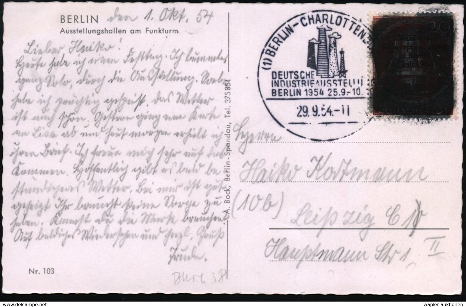 (1) BERLIN-CHARLOTTEBURG )/ DEUTSCHE / INDUSTRIEAUSSTELLUNG 1954 (29.9.) SSt Auf EF 20 Pf. Glocke "Wahl Des Bundespräsid - Other & Unclassified