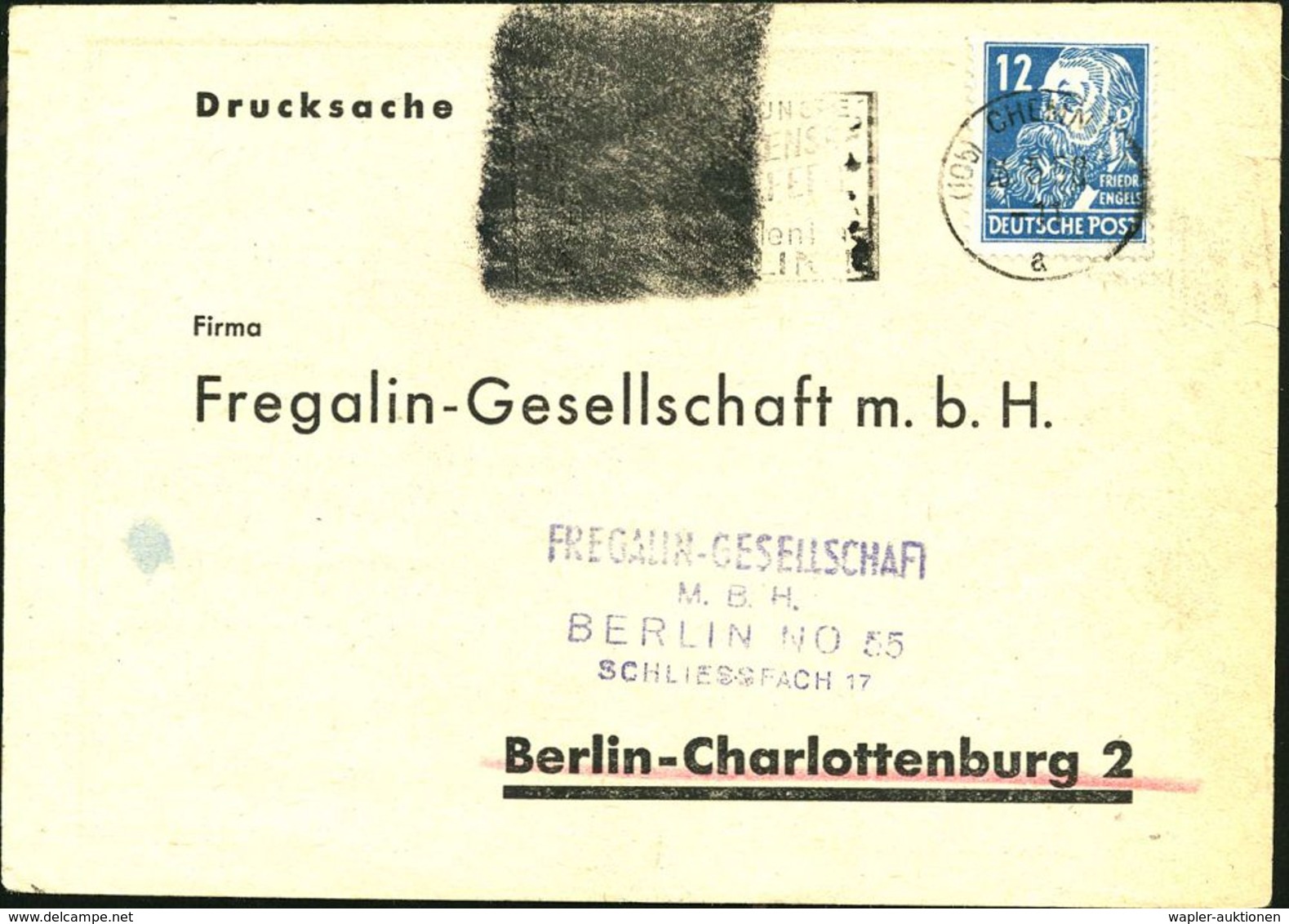 (10b) CHEMNITZ 4/ A/ DEUTSCHLANDTREFFEN DER JUGEND/ FDJ/ BERLIN/ 27.-30.5.50.. 1950 (26.5.) Geschwärz-ter MWSt (Burhop.  - Andere & Zonder Classificatie