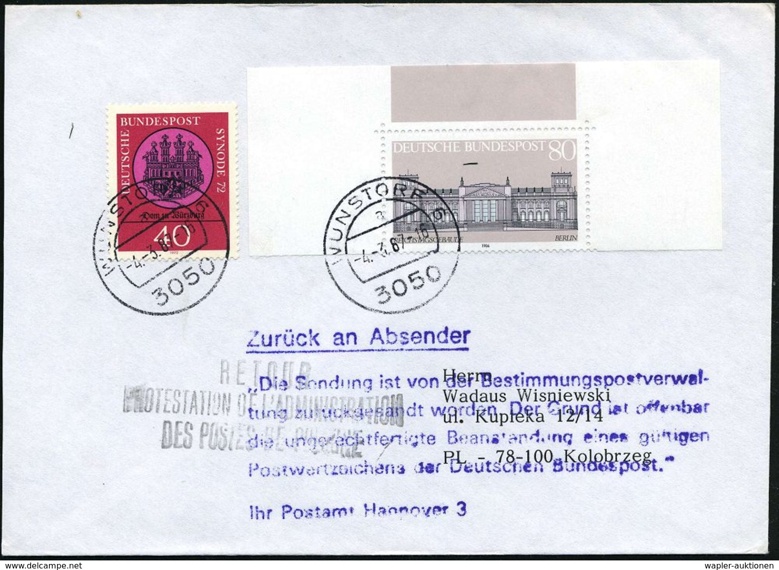 3050 WUNSTORF 6/ A 1987 (4.3.) 1K Auf 80 Pf. Reichstag Aus Block U.a. , Schw. Polnischer RETOUR-3L + Viol. Hinweis-6L: Z - Andere & Zonder Classificatie