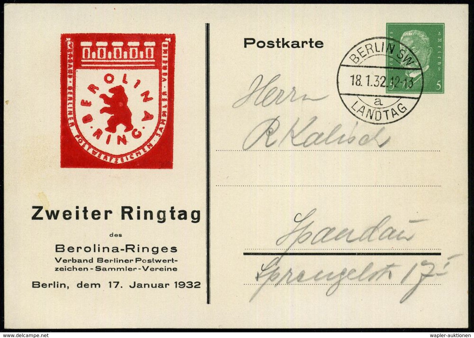 BERLIN SW/ A/  L A N D T A G 1932 (18.1.) 1K-Steg = Hauspostamt Berliner Abgeordnetenhaus Auf PP 5 Pf. Hindenbg., Grün:  - Andere & Zonder Classificatie