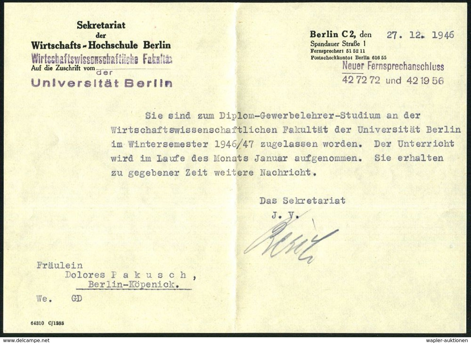 BERLIN C/ 25/ G 1946 (27.12.) 1K-Brücke + Roter 1L: Nachgebühr + Viol. 2K-HdN: Wirtschafts-Hochschule Berlin.. (Berl. Wa - Andere & Zonder Classificatie