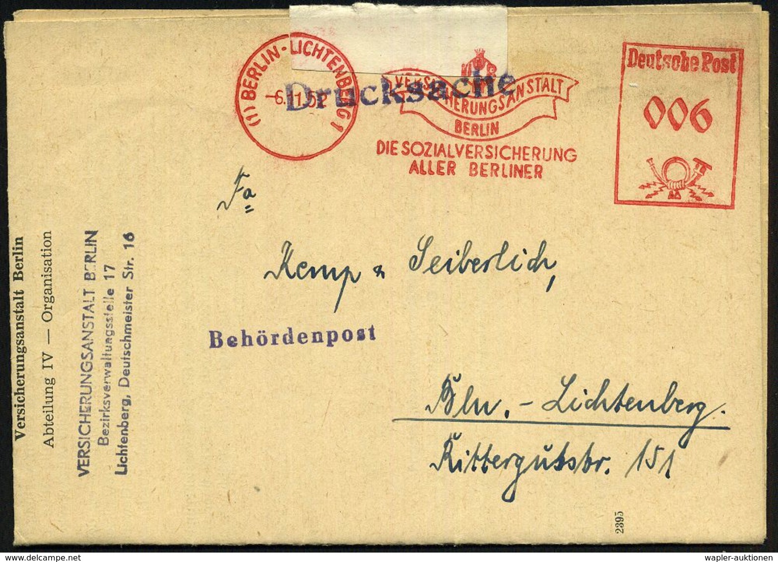 (1) BERLIN-LICHTENBERG 1/ VERSICHERUNGSANSTALT../ DIE SOZIALVERSICHERUNG/ ALLER BERLINER 1952 (6.11.) AFS Auf Falt-Bf Mi - Autres & Non Classés