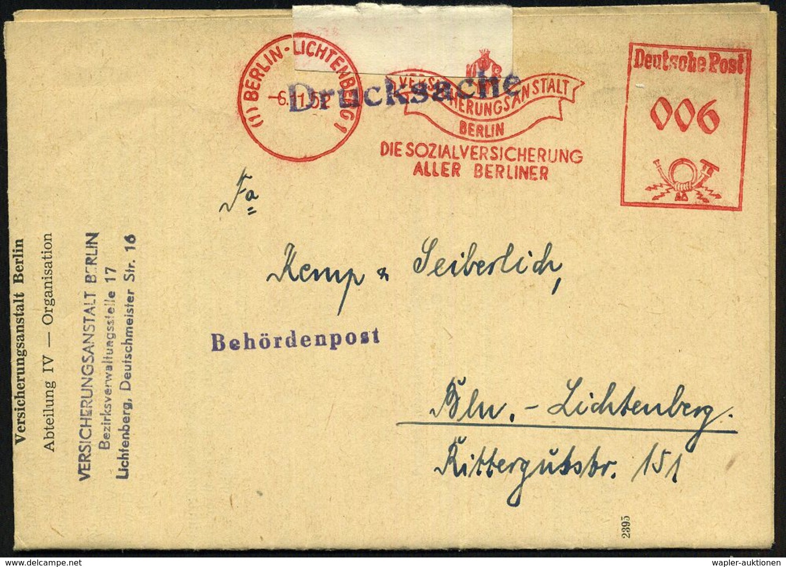 (1) BERLIN-LICHTENBERG 1/ VERSICHERUNGSANSTALT../ DIE SOZIALVERSICHERUNG/ ALLER BERLINER 1952 (6.11.) AFS Auf Falt-Bf Mi - Andere & Zonder Classificatie